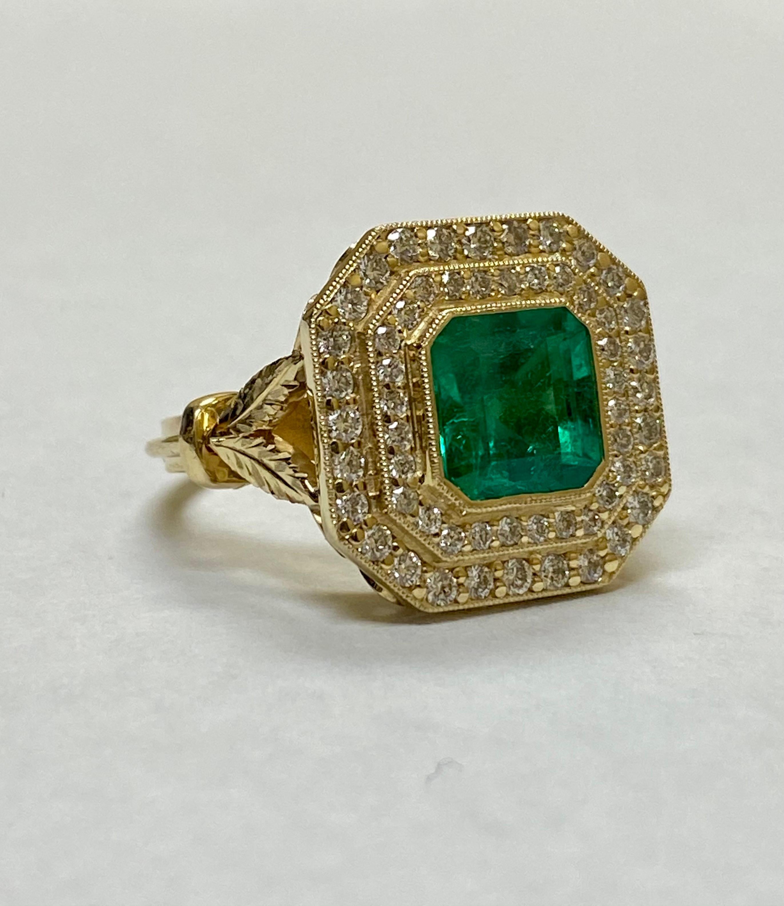 Art Deco Halo 14K Yellow Gold GIA Certified 1.95 Carat Colombian Emerald Engagement Ring For Sale