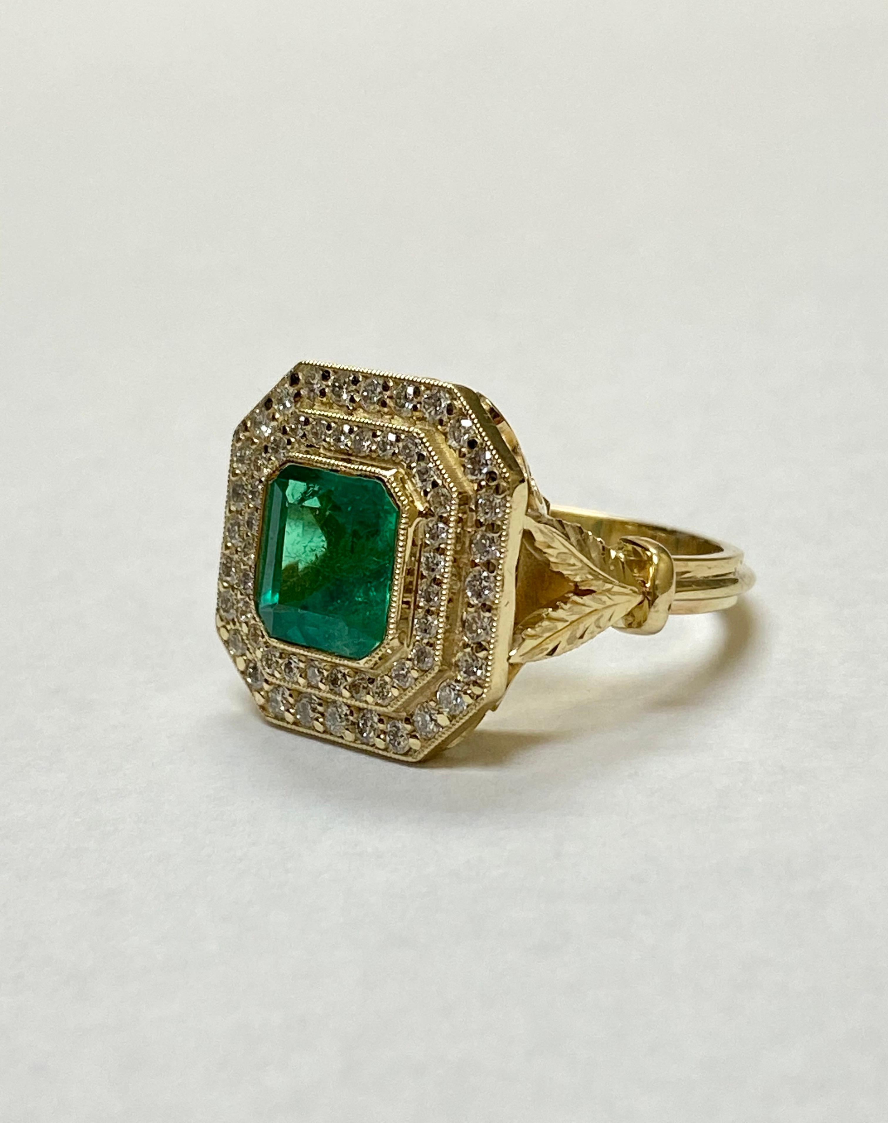 Halo 14K Yellow Gold GIA Certified 1.95 Carat Colombian Emerald Engagement Ring For Sale 1