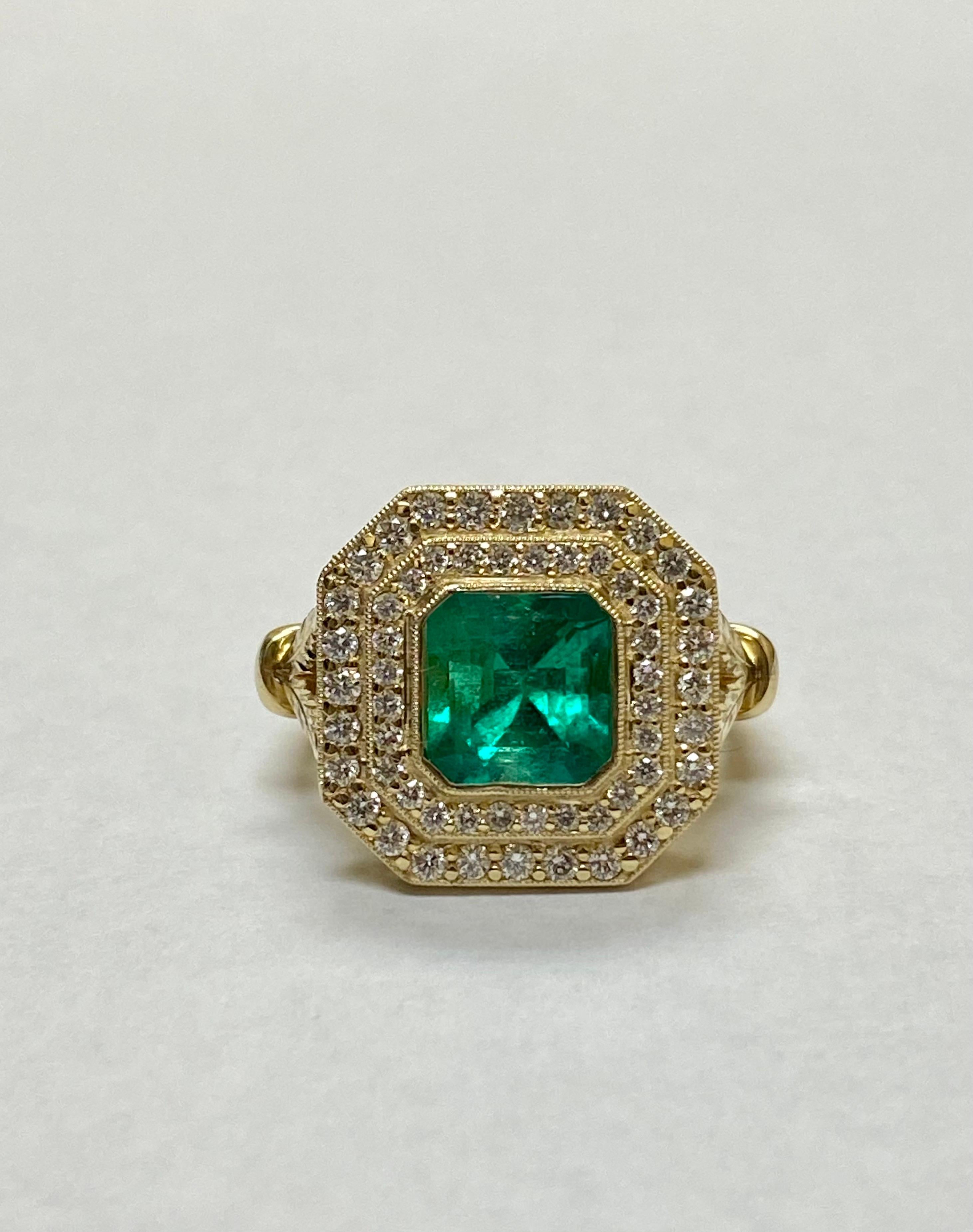 Halo 14K Yellow Gold GIA Certified 1.95 Carat Colombian Emerald Engagement Ring For Sale 2