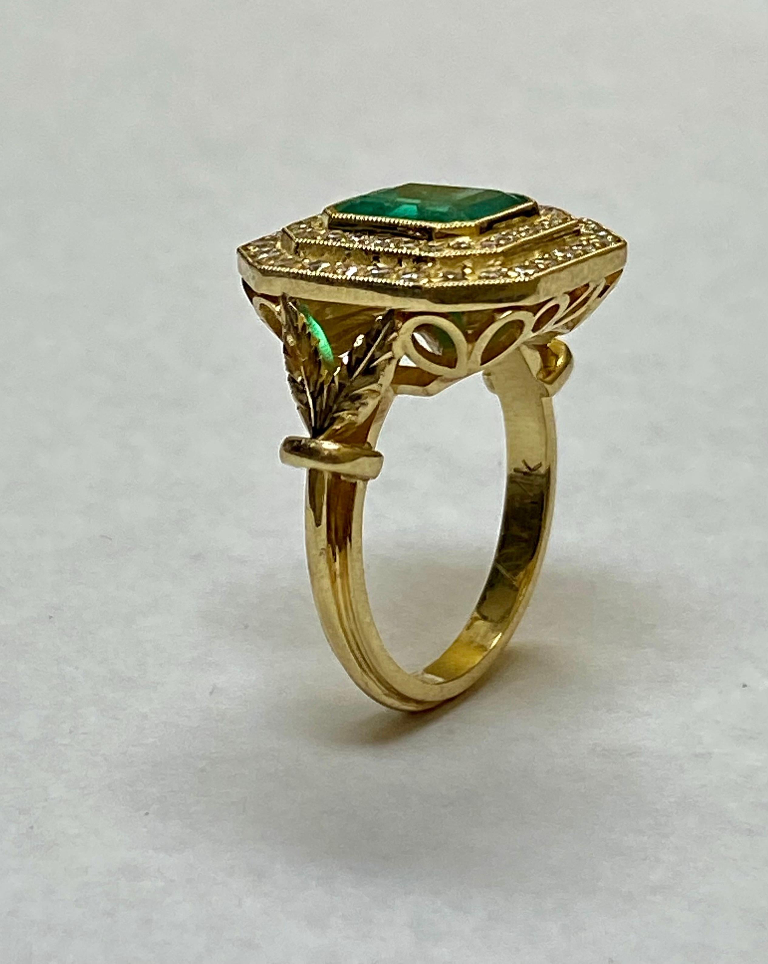 Halo 14K Yellow Gold GIA Certified 1.95 Carat Colombian Emerald Engagement Ring For Sale 3