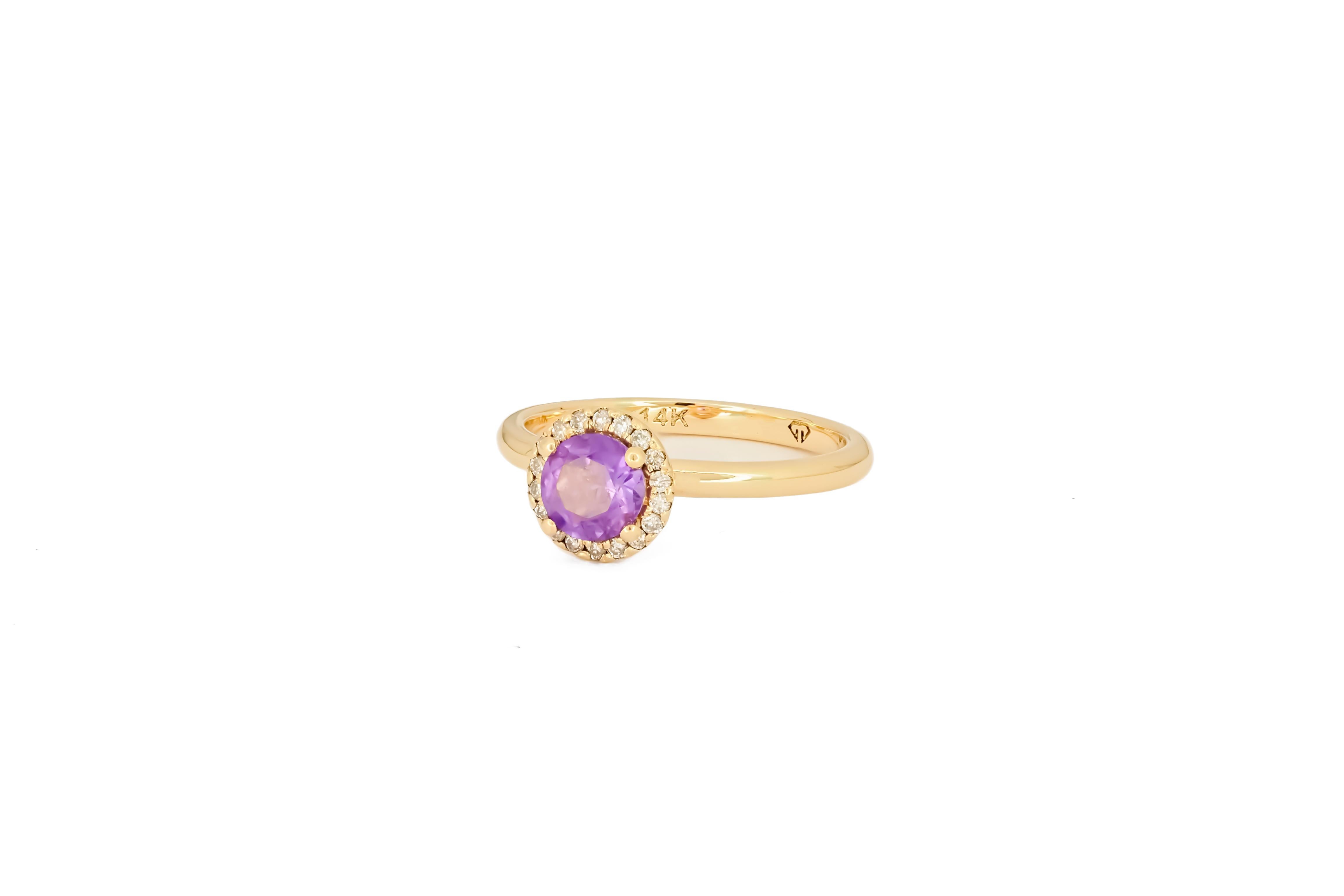 For Sale:  Halo Amethyst Ring with Diamonds in 14 Karat Gold, Amethyst Gold Ring 2