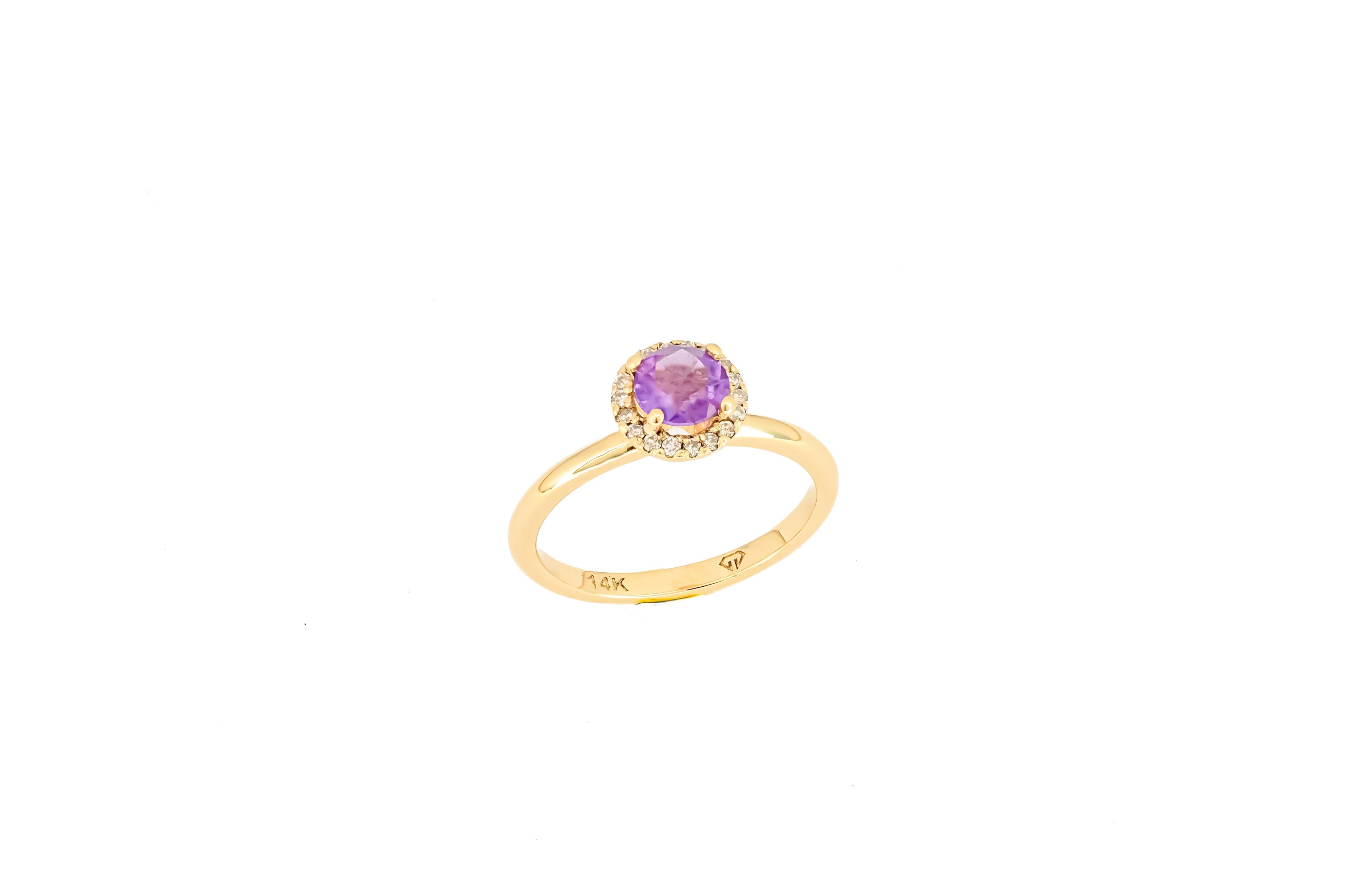 For Sale:  Halo Amethyst Ring with Diamonds in 14 Karat Gold, Amethyst Gold Ring 6