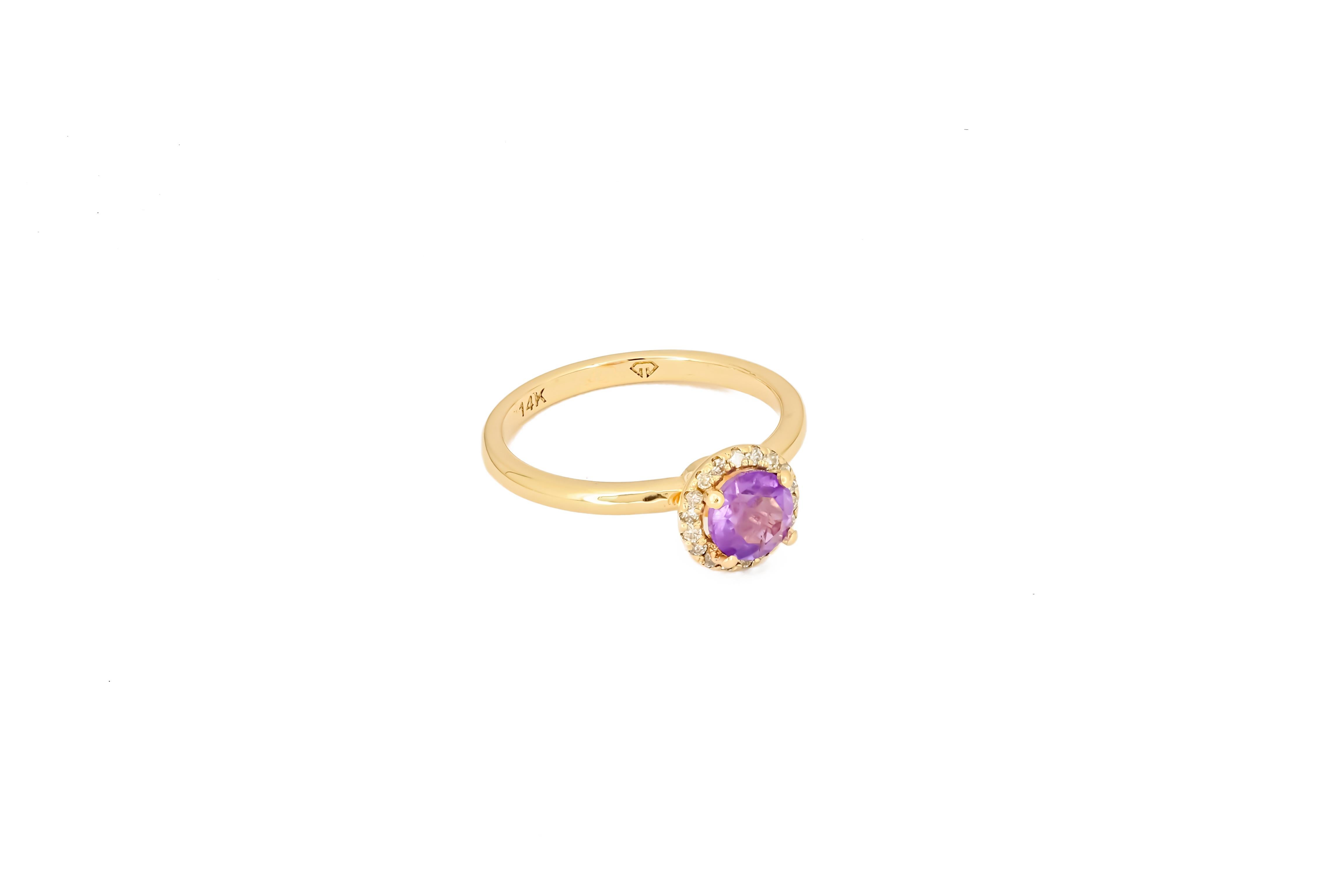 For Sale:  Halo Amethyst Ring with Diamonds in 14 Karat Gold, Amethyst Gold Ring 8