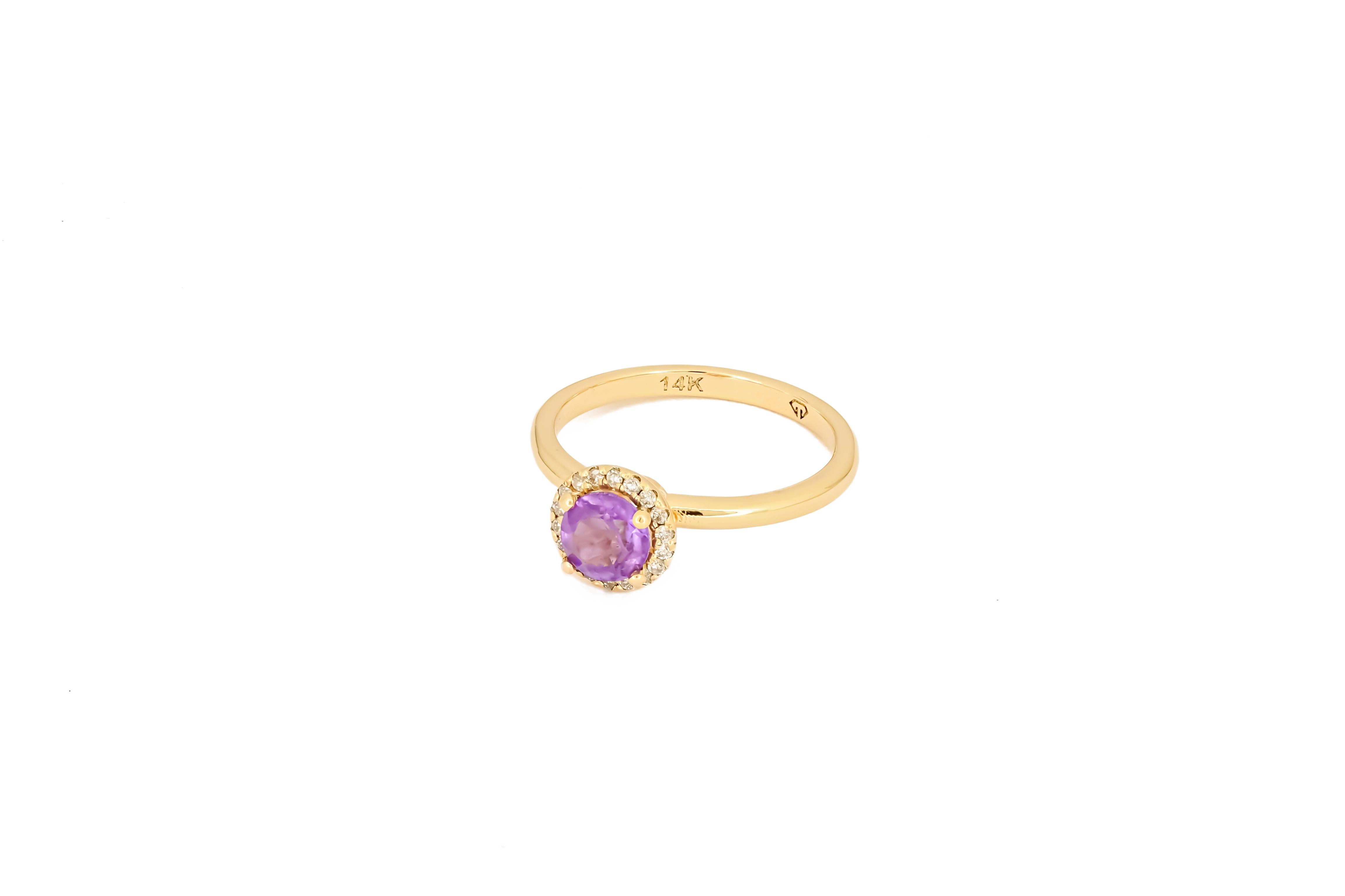 For Sale:  Halo Amethyst Ring with Diamonds in 14 Karat Gold, Amethyst Gold Ring 9