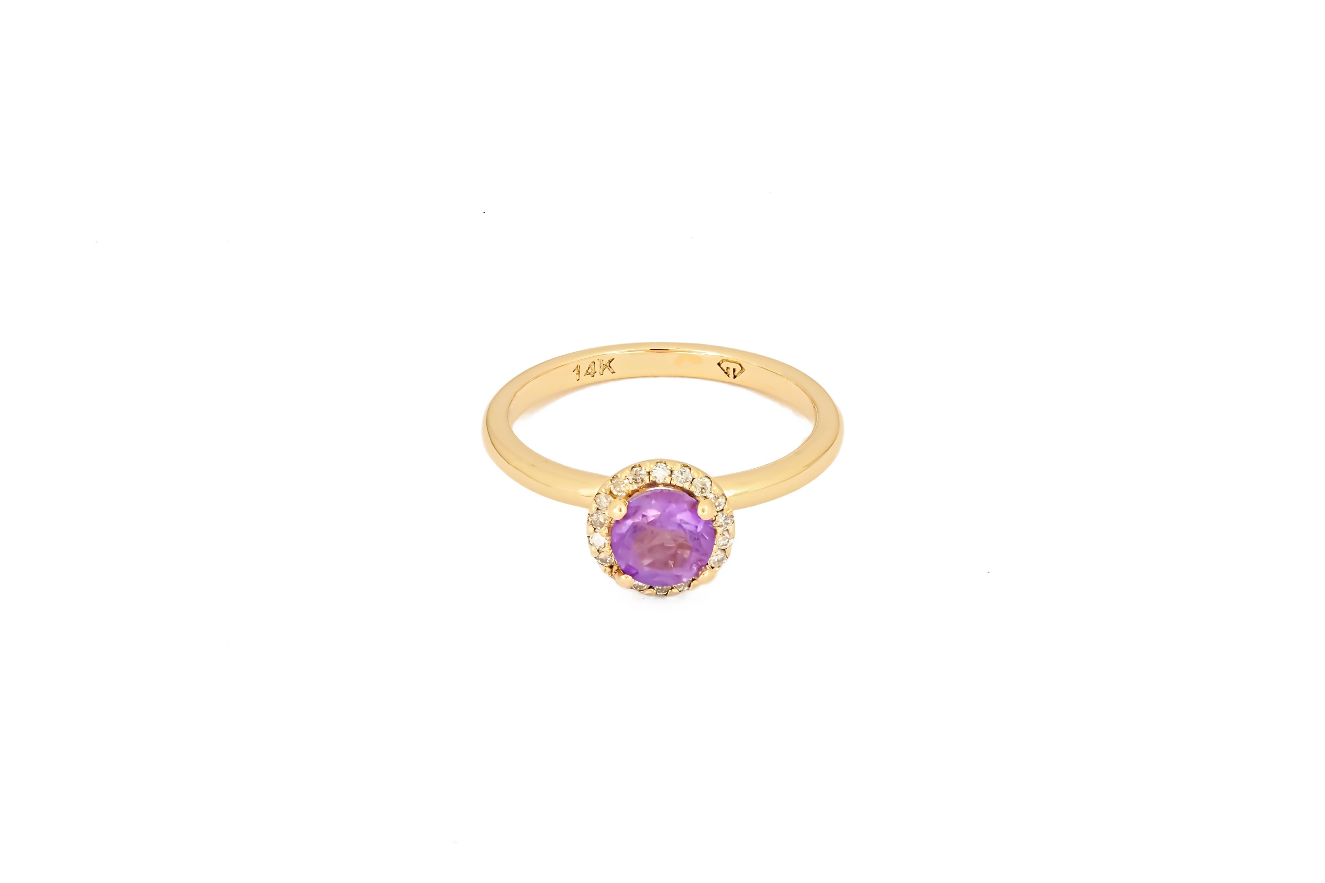 For Sale:  Halo Amethyst Ring with Diamonds in 14 Karat Gold, Amethyst Gold Ring 10