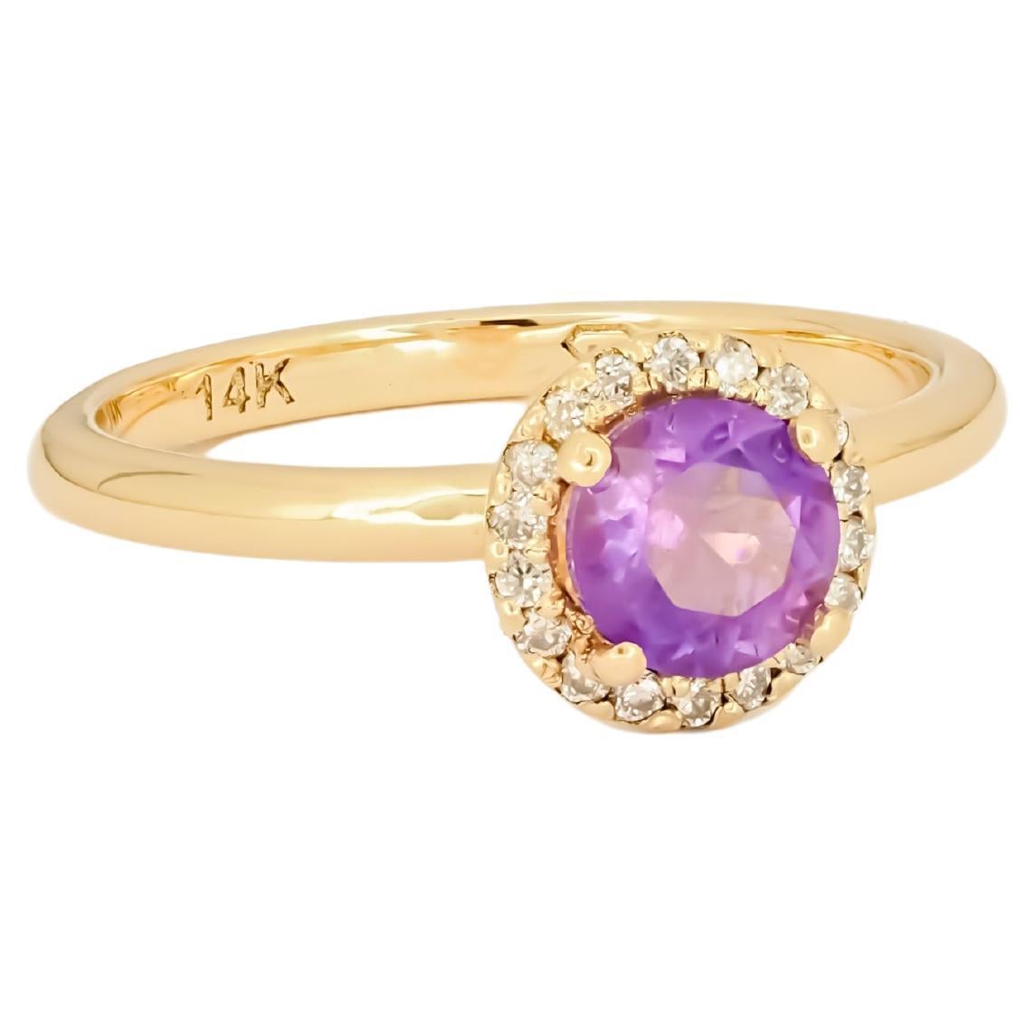For Sale:  Halo Amethyst Ring with Diamonds in 14 Karat Gold, Amethyst Gold Ring
