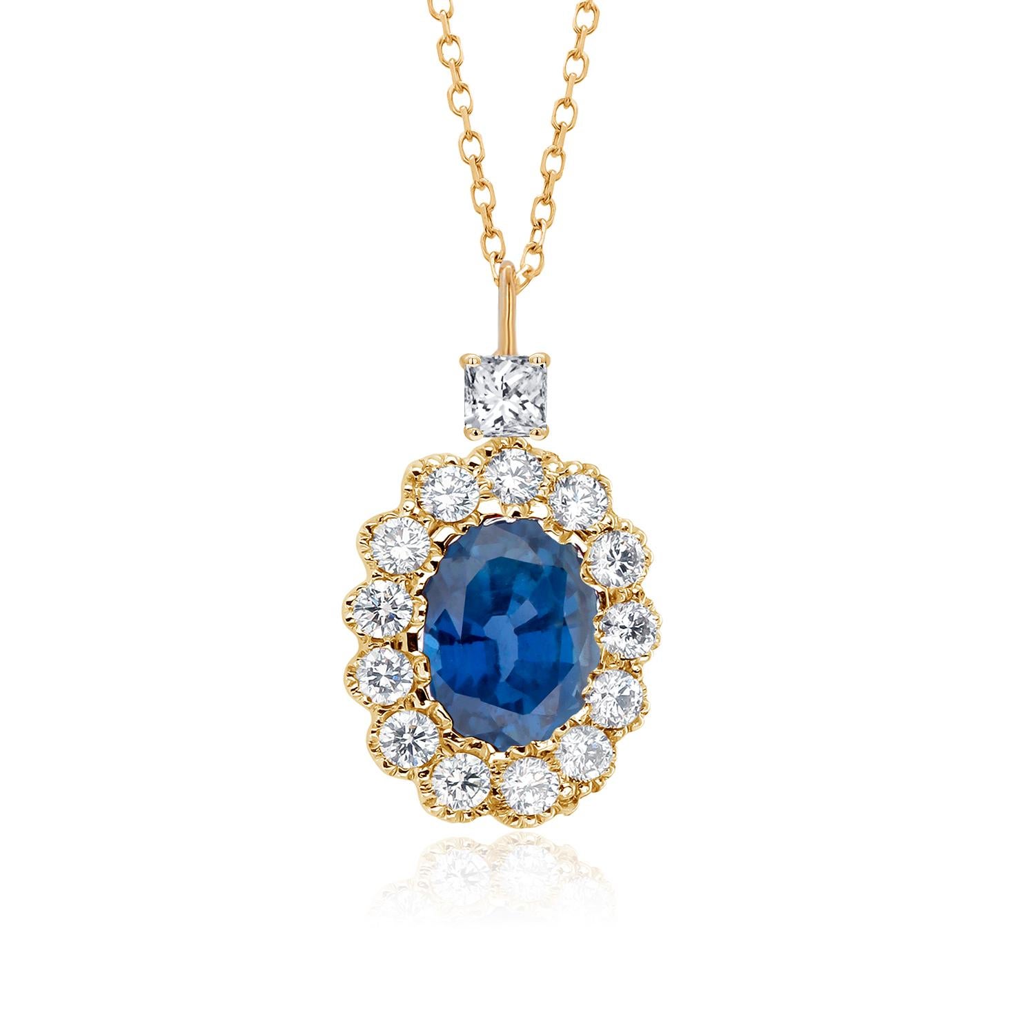 Halo Blue Sapphire Diamond Charm 1.57 Carat Princess Diamond Bail Gold Pendant In New Condition For Sale In New York, NY