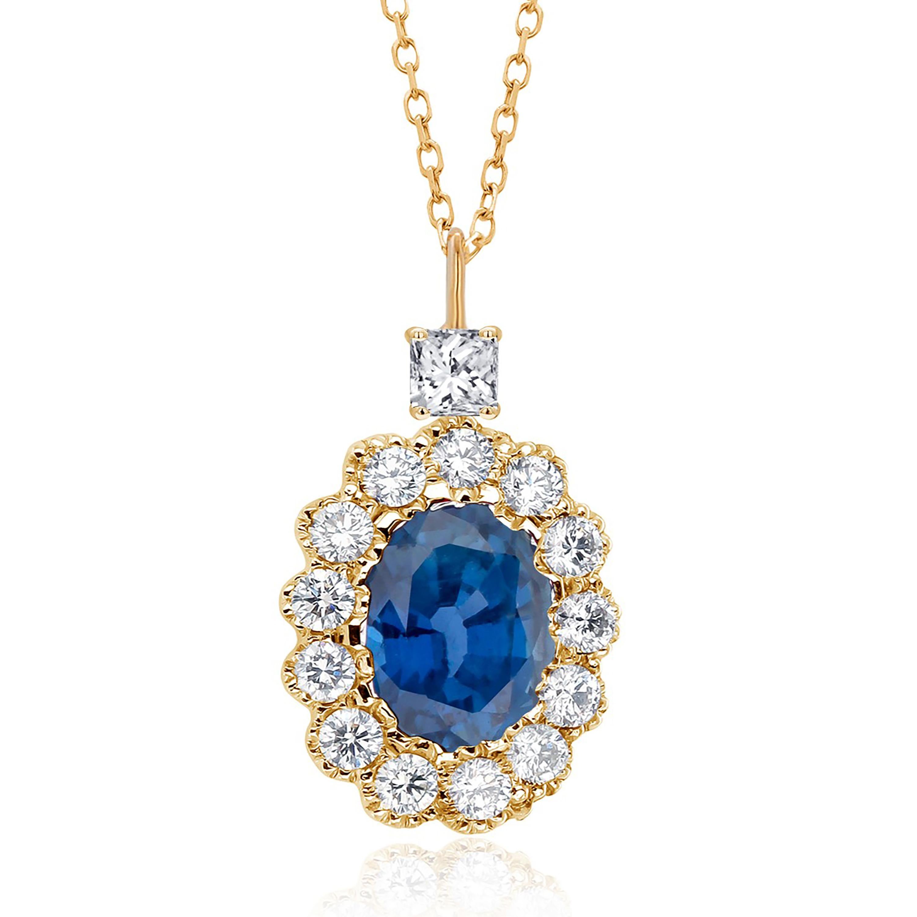 Halo Blue Sapphire Diamond Charm 1.57 Carat Princess Diamond Bail Gold Pendant For Sale 1