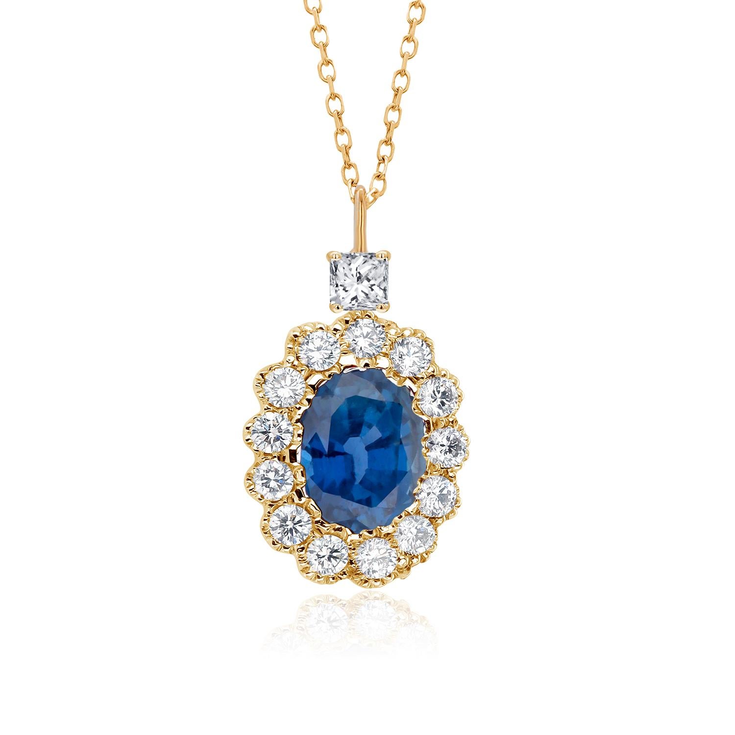 Halo Blue Sapphire Diamond Charm 1.57 Carat Princess Diamond Bail Gold Pendant For Sale 3