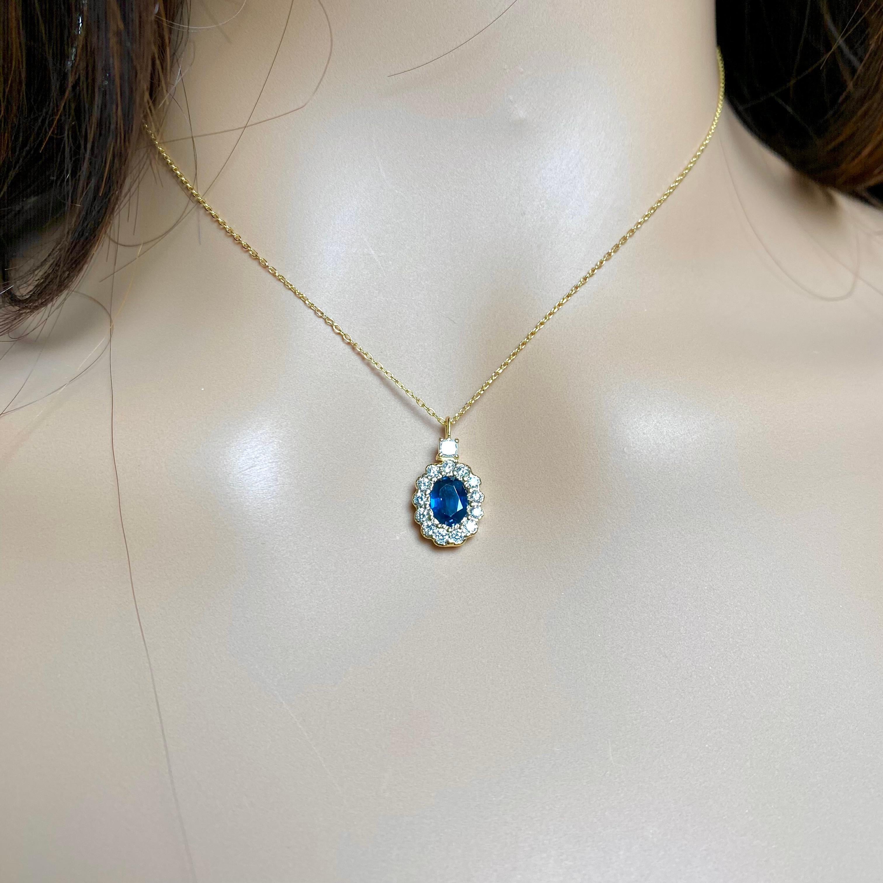 Contemporary Halo Blue Sapphire Diamond Charm 1.57 Carat Princess Diamond Bail Gold Pendant For Sale