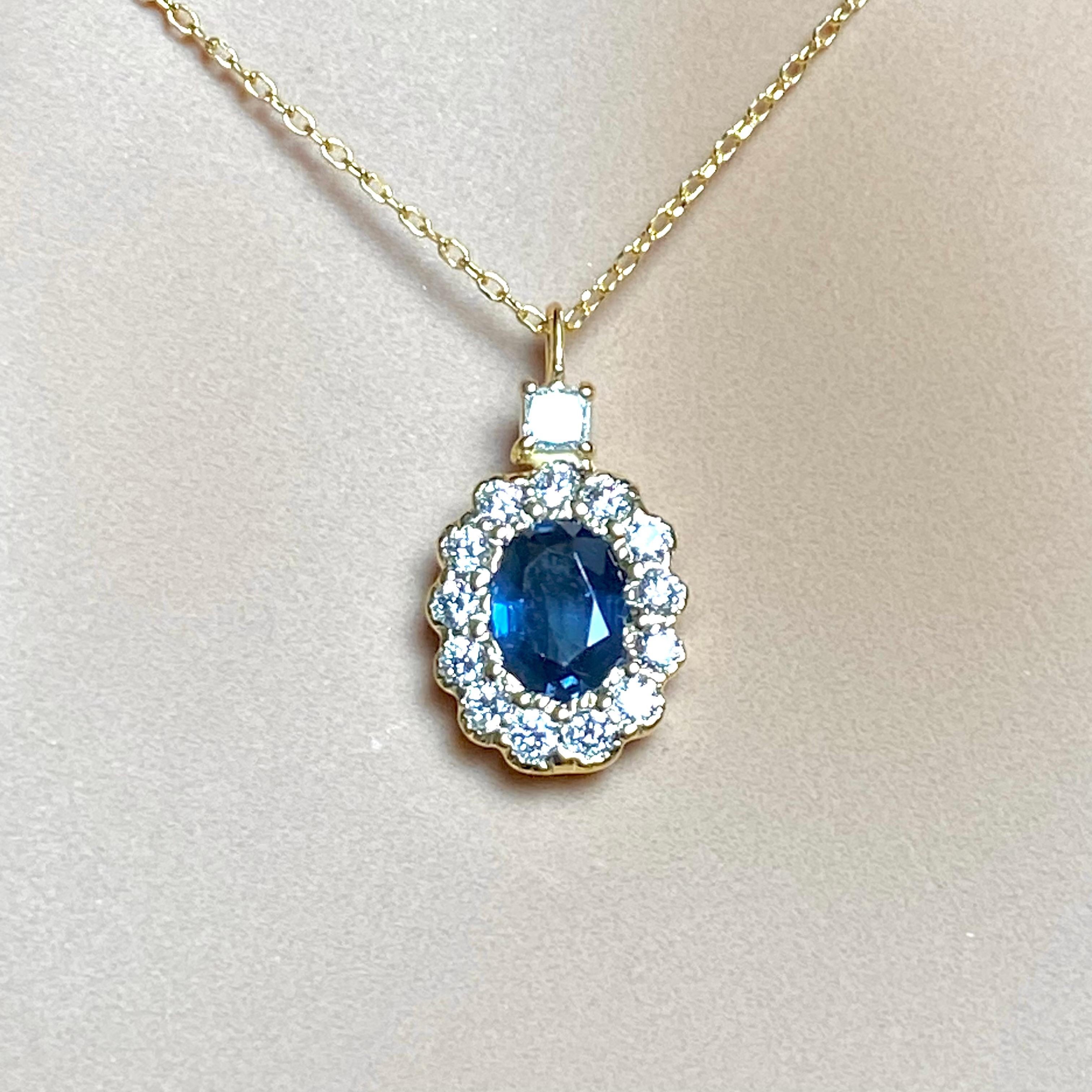 Oval Cut Halo Blue Sapphire Diamond Charm 1.57 Carat Princess Diamond Bail Gold Pendant For Sale