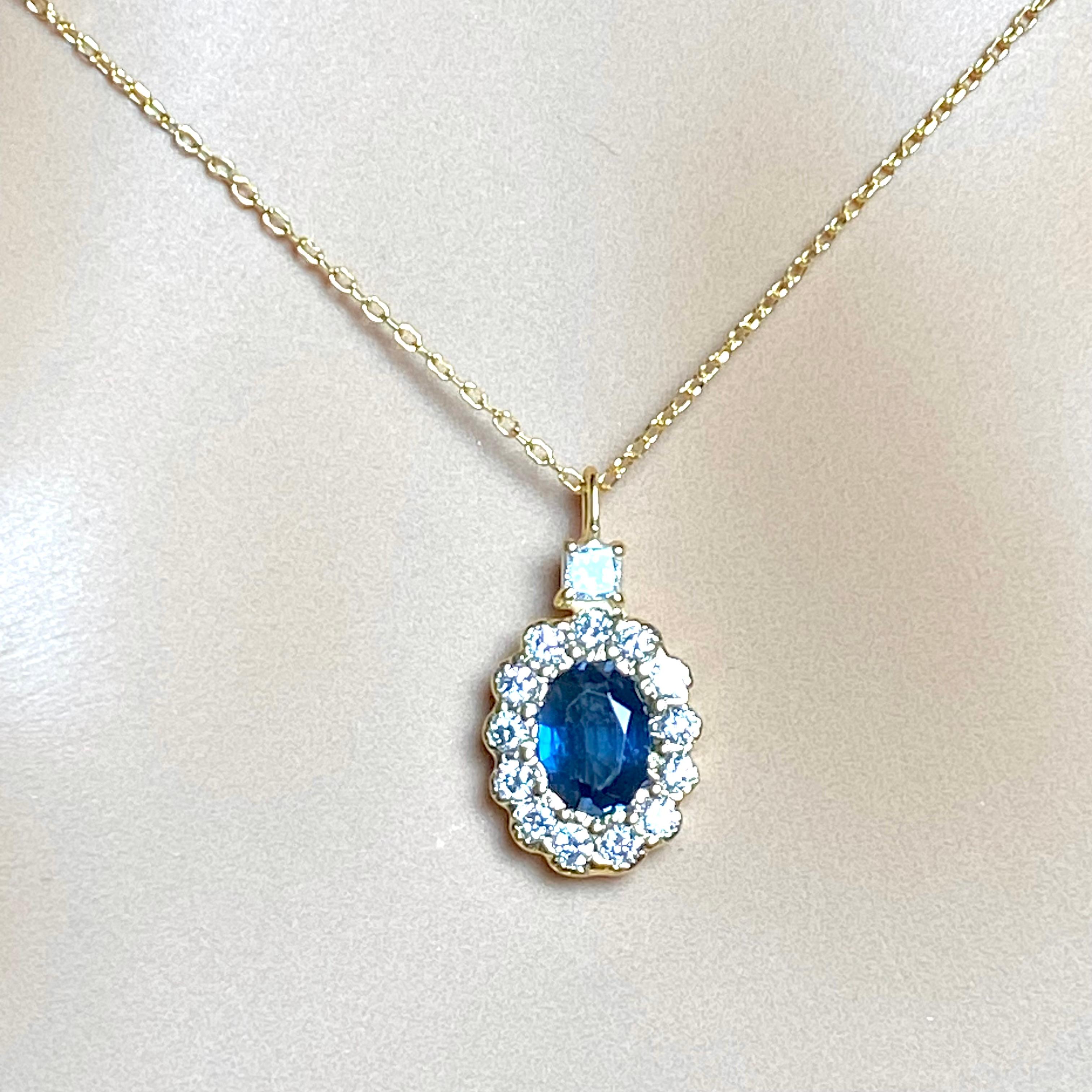 Halo Blue Sapphire Diamond Charm 1.57 Carat Princess Diamond Bail Gold Pendant For Sale 2