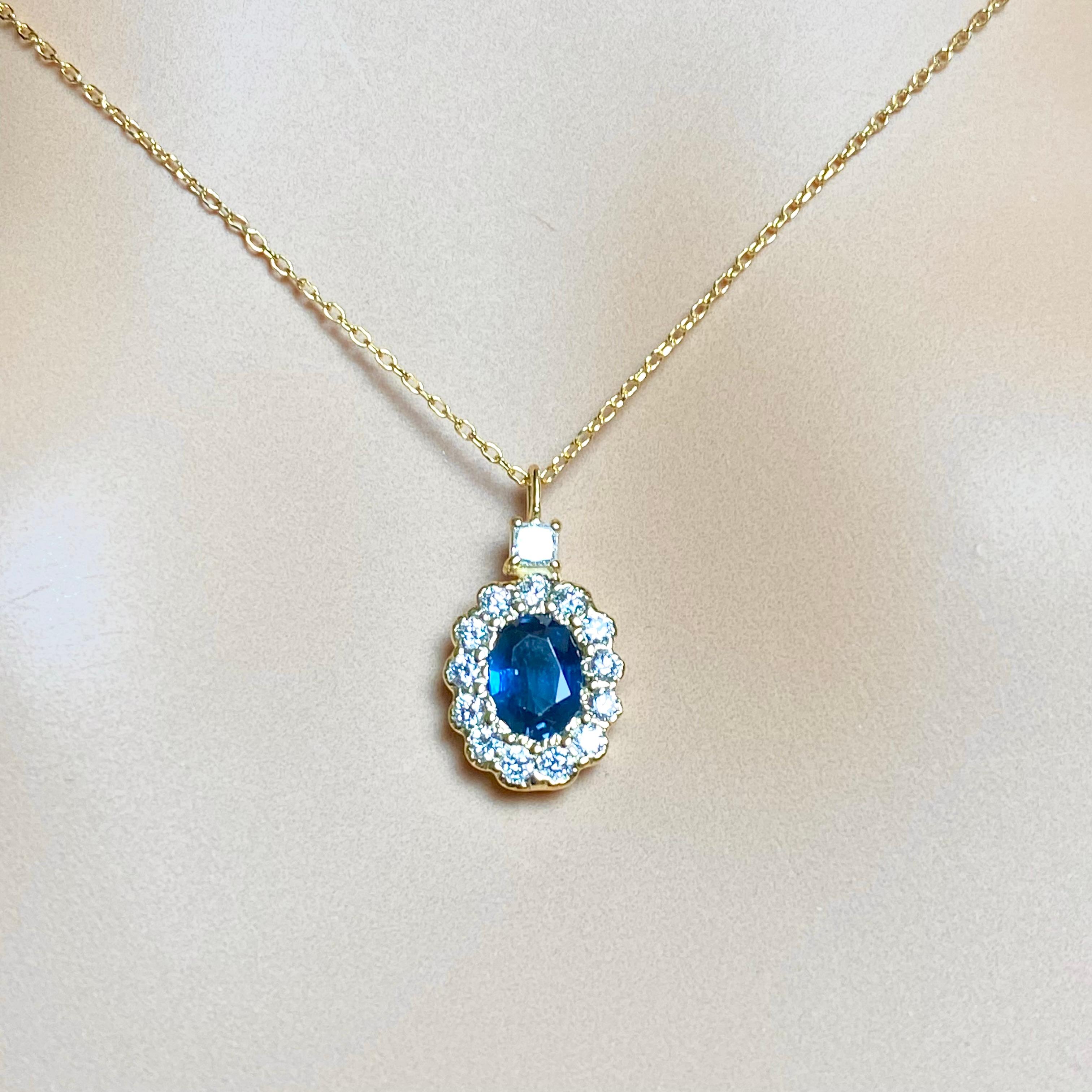Women's Halo Blue Sapphire Diamond Charm 1.57 Carat Princess Diamond Bail Gold Pendant For Sale