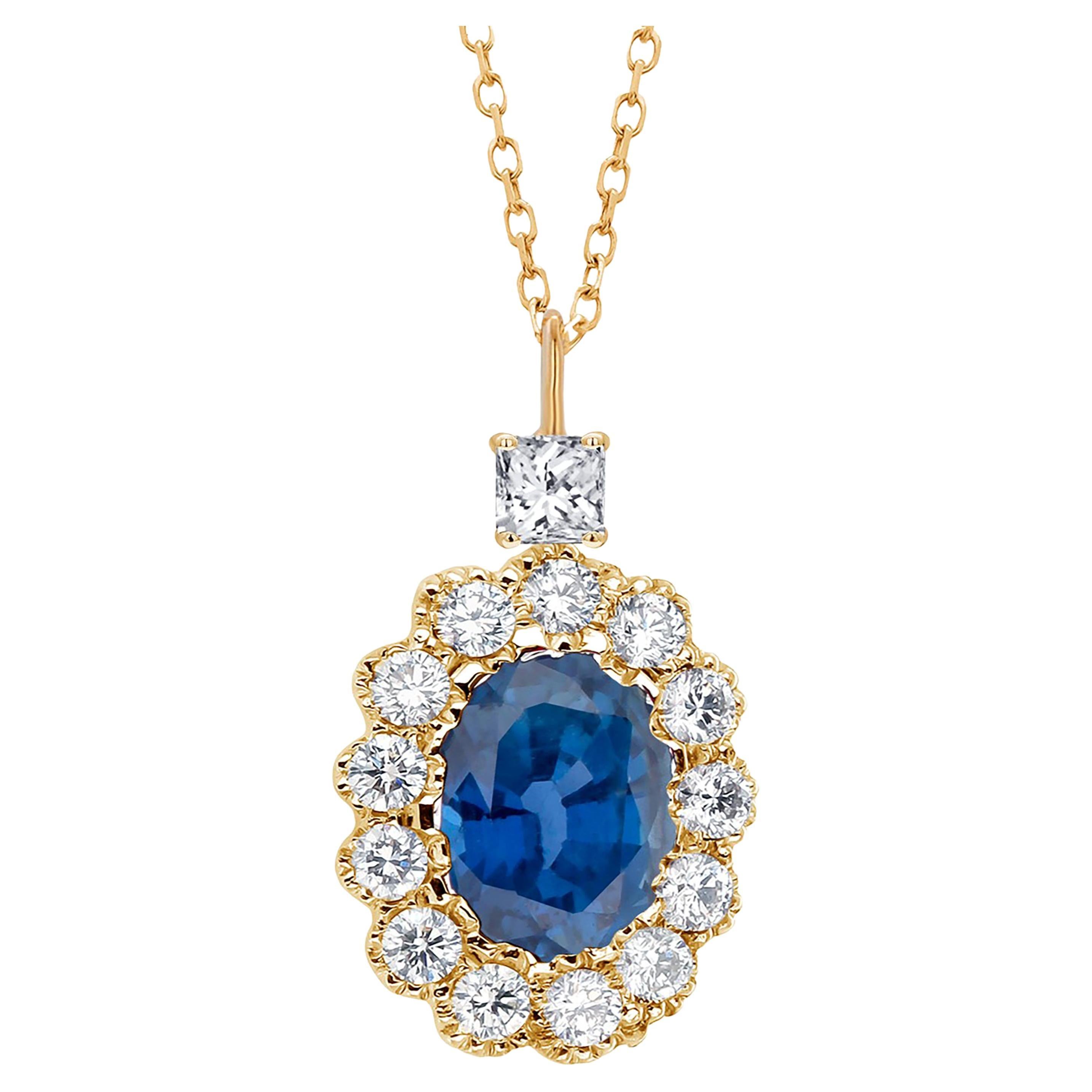 Halo Blue Sapphire Diamond Charm 1.57 Carat Princess Diamond Bail Gold Pendant