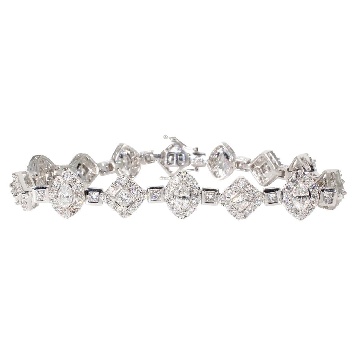 Halo Bracelet w/ Round, Princess, and Marquise Diamonds.  D7.54ct.t.w. For Sale