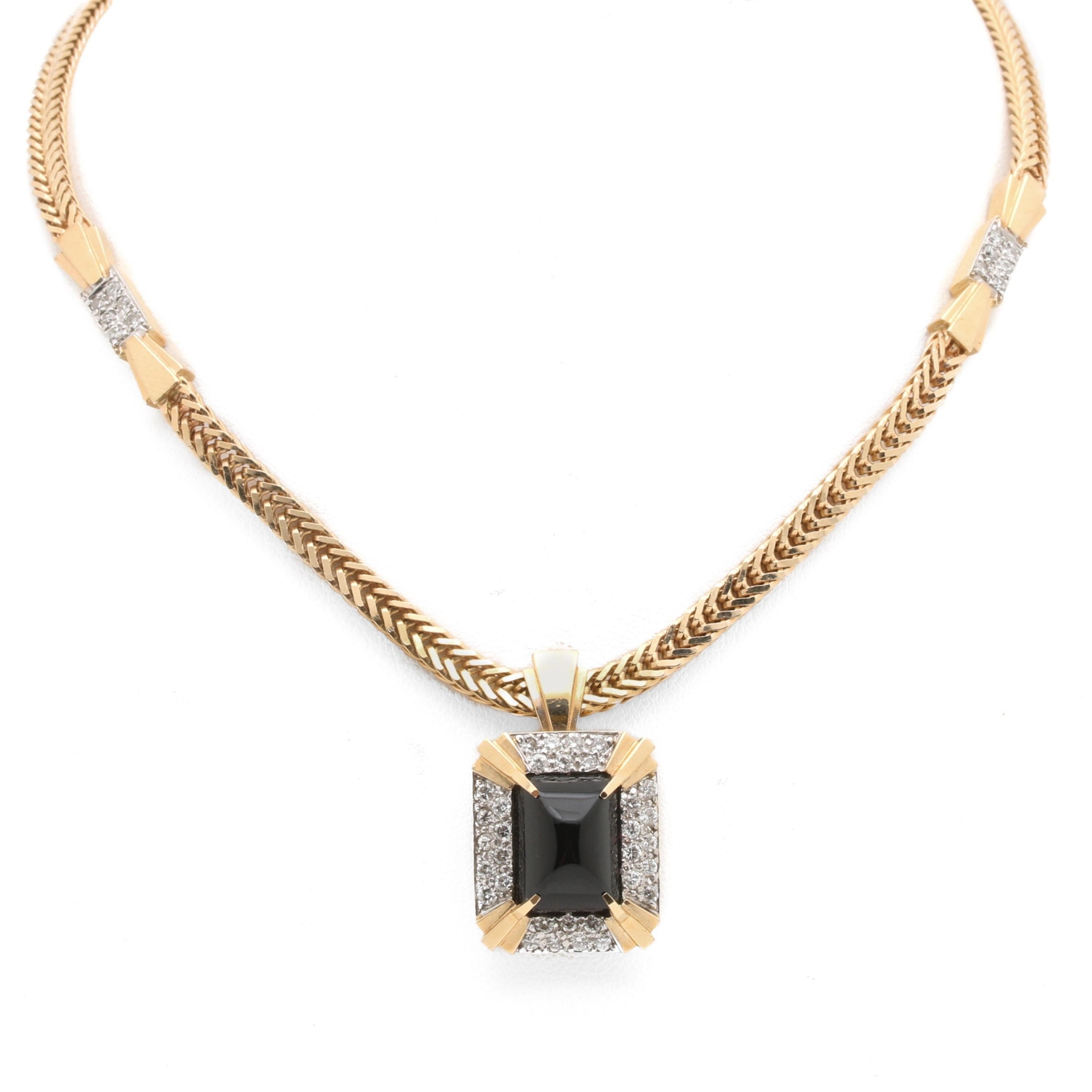 Halo Cabochon Onyx Diamonds Pendant Necklace, 18K Yellow Gold For Sale at  1stDibs