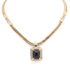 Halo Cabochon Onyx Diamonds Pendant Necklace, 18K Yellow Gold