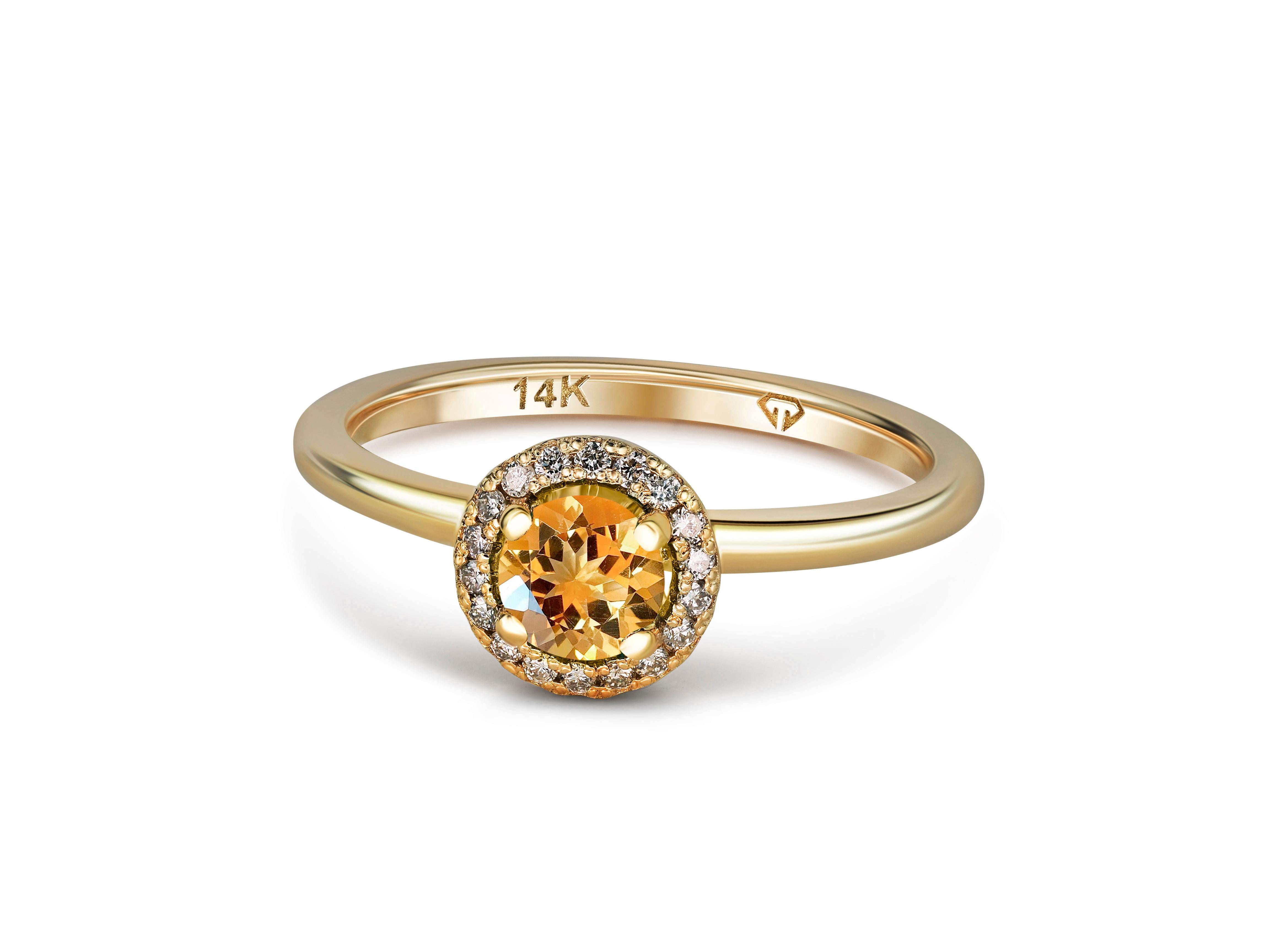 Halo Citrine Ring with Diamonds in 14 Karat Gold. 
Citrine gold ring. Citrine engagement ring. November birthstone citrine ring.

Metal type: Gold
Metal stamp: 14k Gold
Weight: 2 gr - depends from size.

Central gemstone:
Citrine round shape, yellow