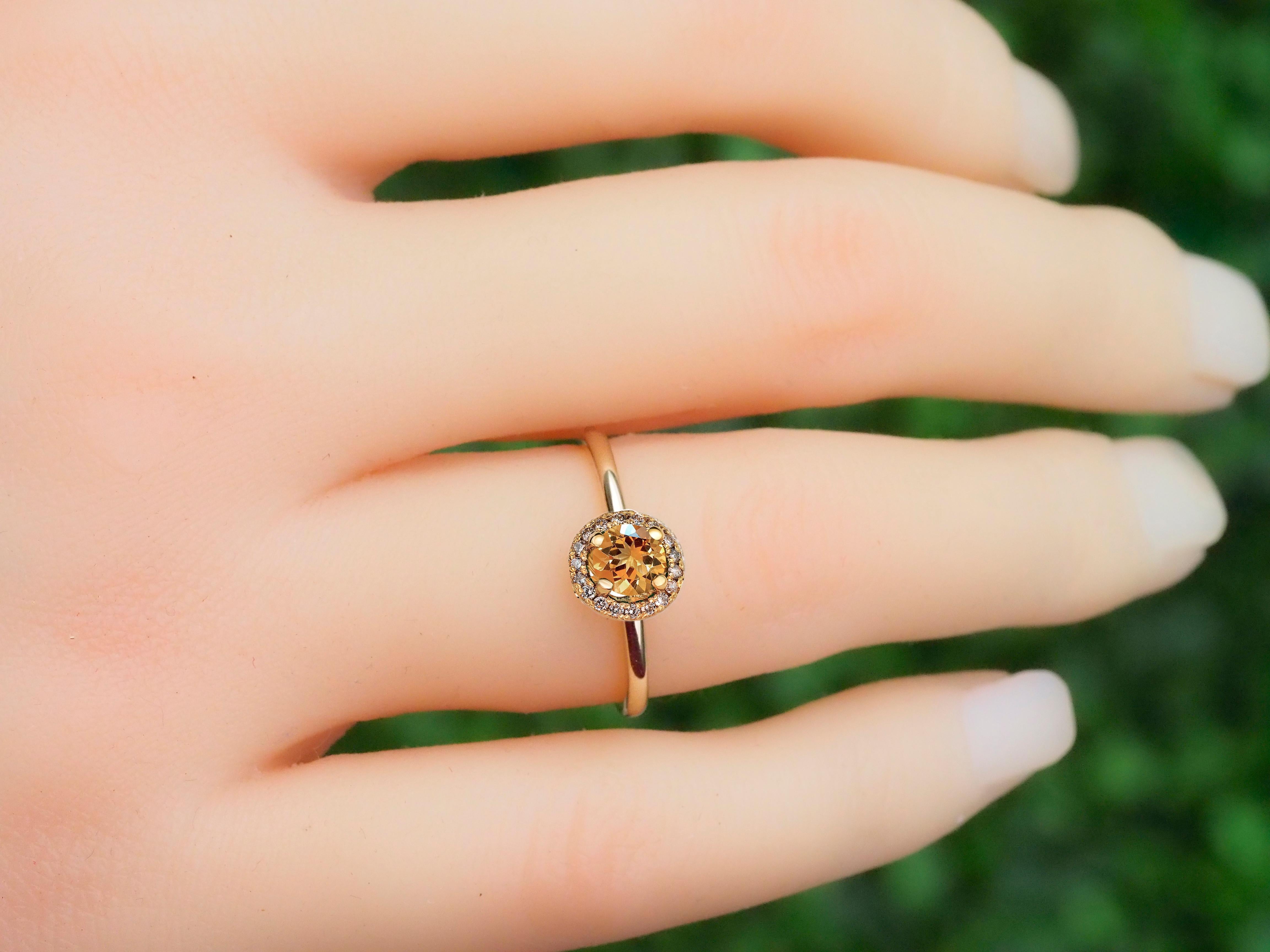 Modern Halo Citrine Ring with Diamonds in 14 Karat Gold.  For Sale