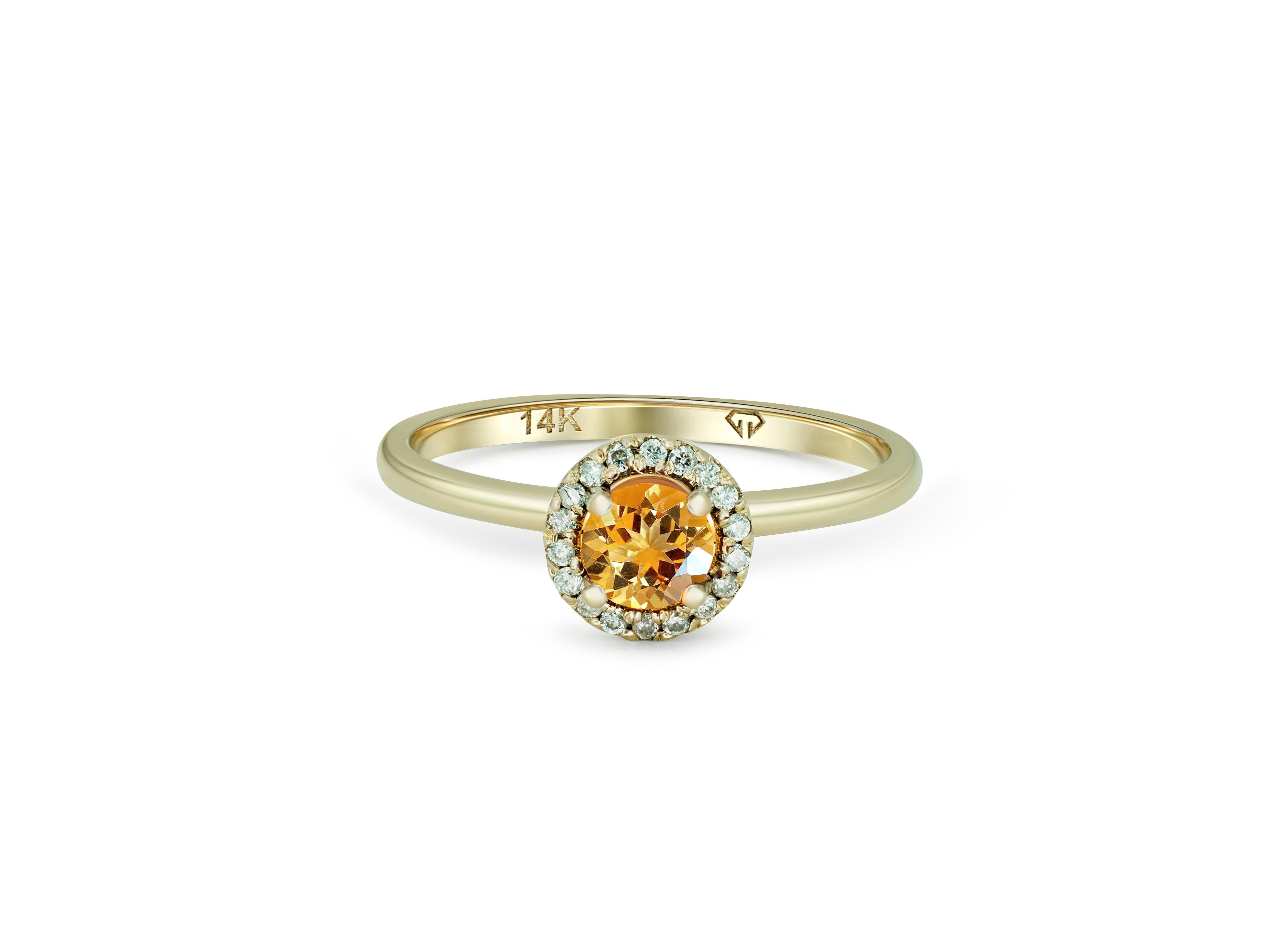 Round Cut Halo Citrine Ring with Diamonds in 14 Karat Gold.  For Sale