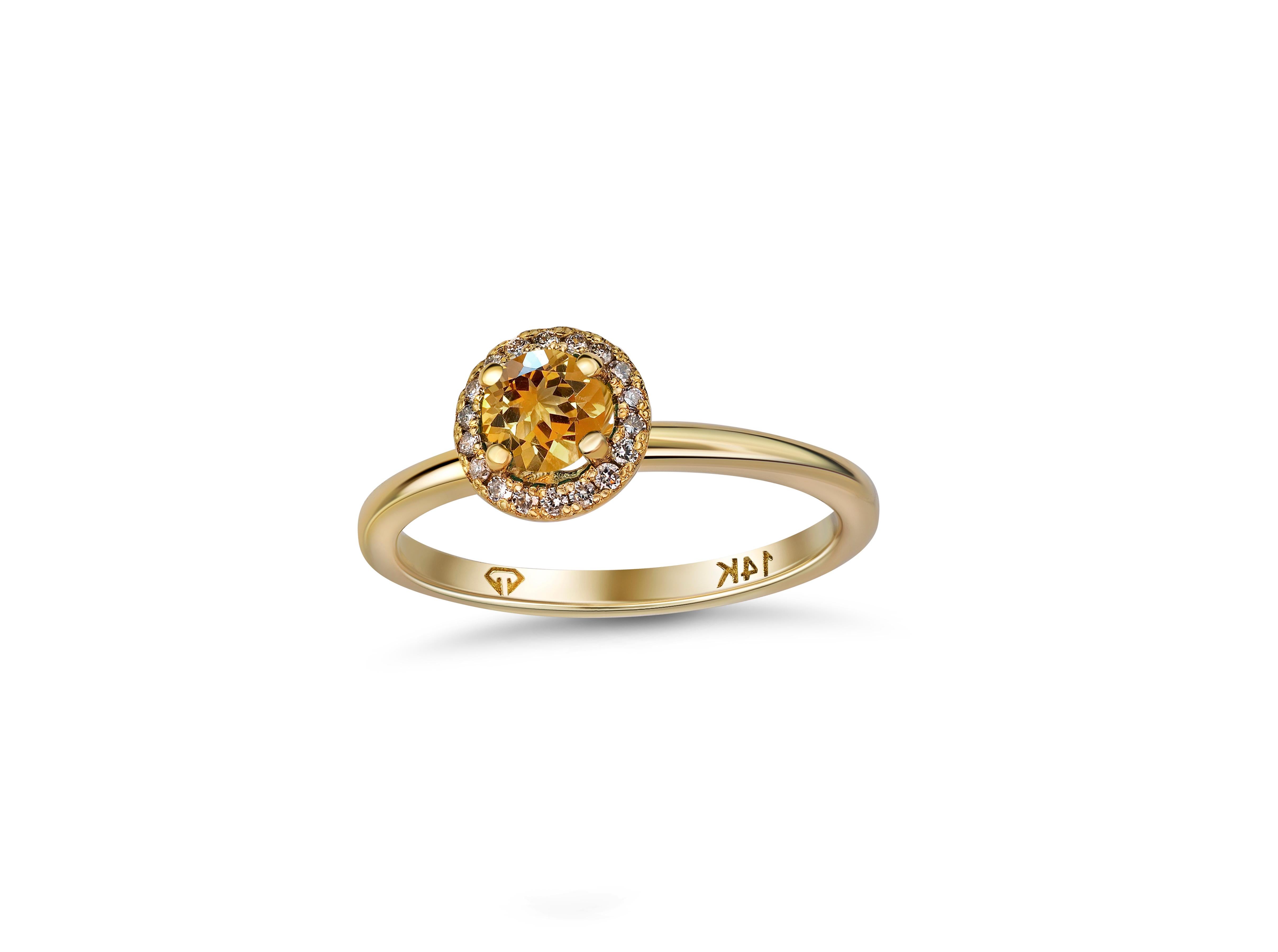 Halo Citrine Ring with Diamonds in 14 Karat Gold.  In New Condition For Sale In Istanbul, TR