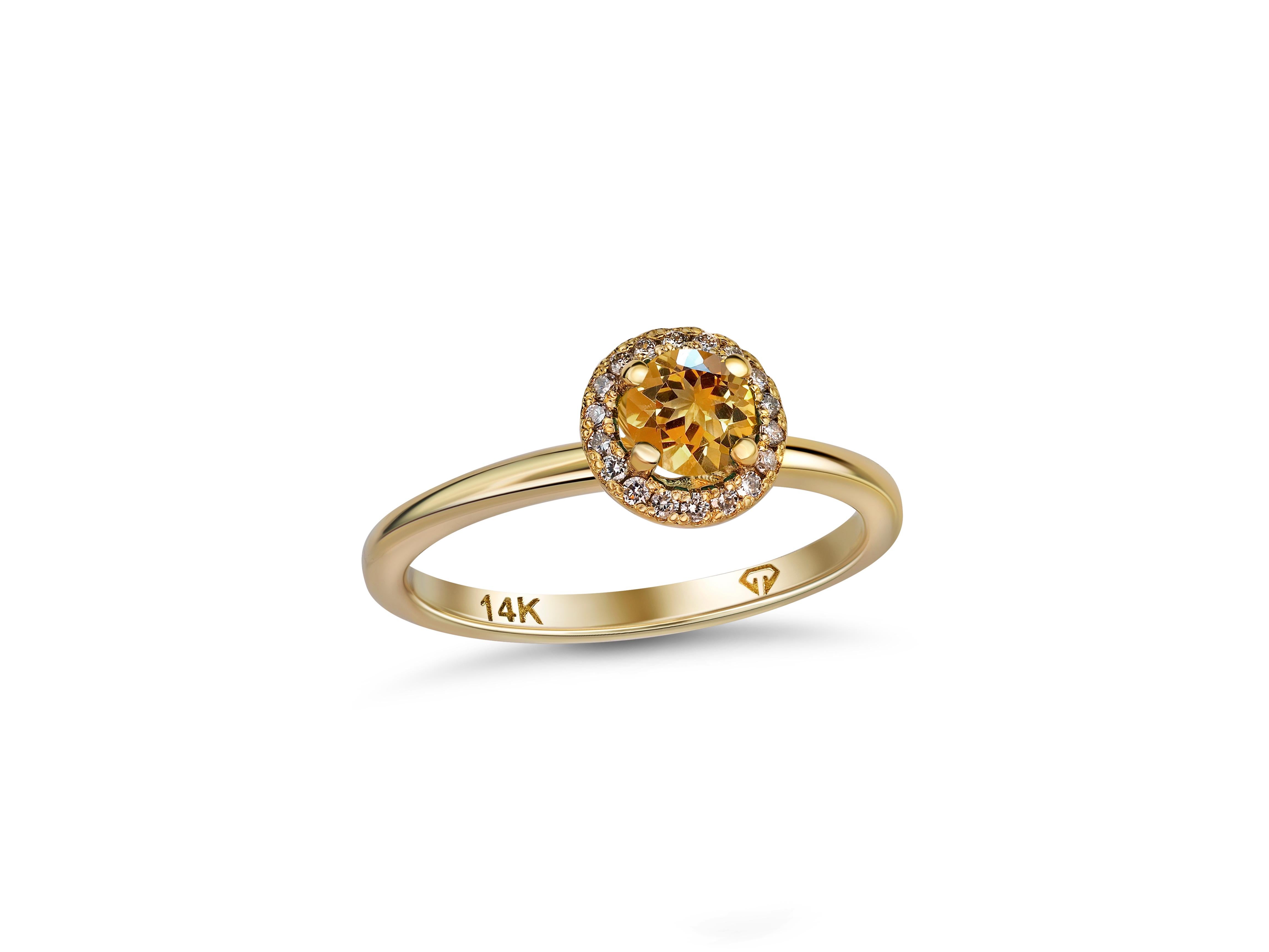 Women's Halo Citrine Ring with Diamonds in 14 Karat Gold.  For Sale
