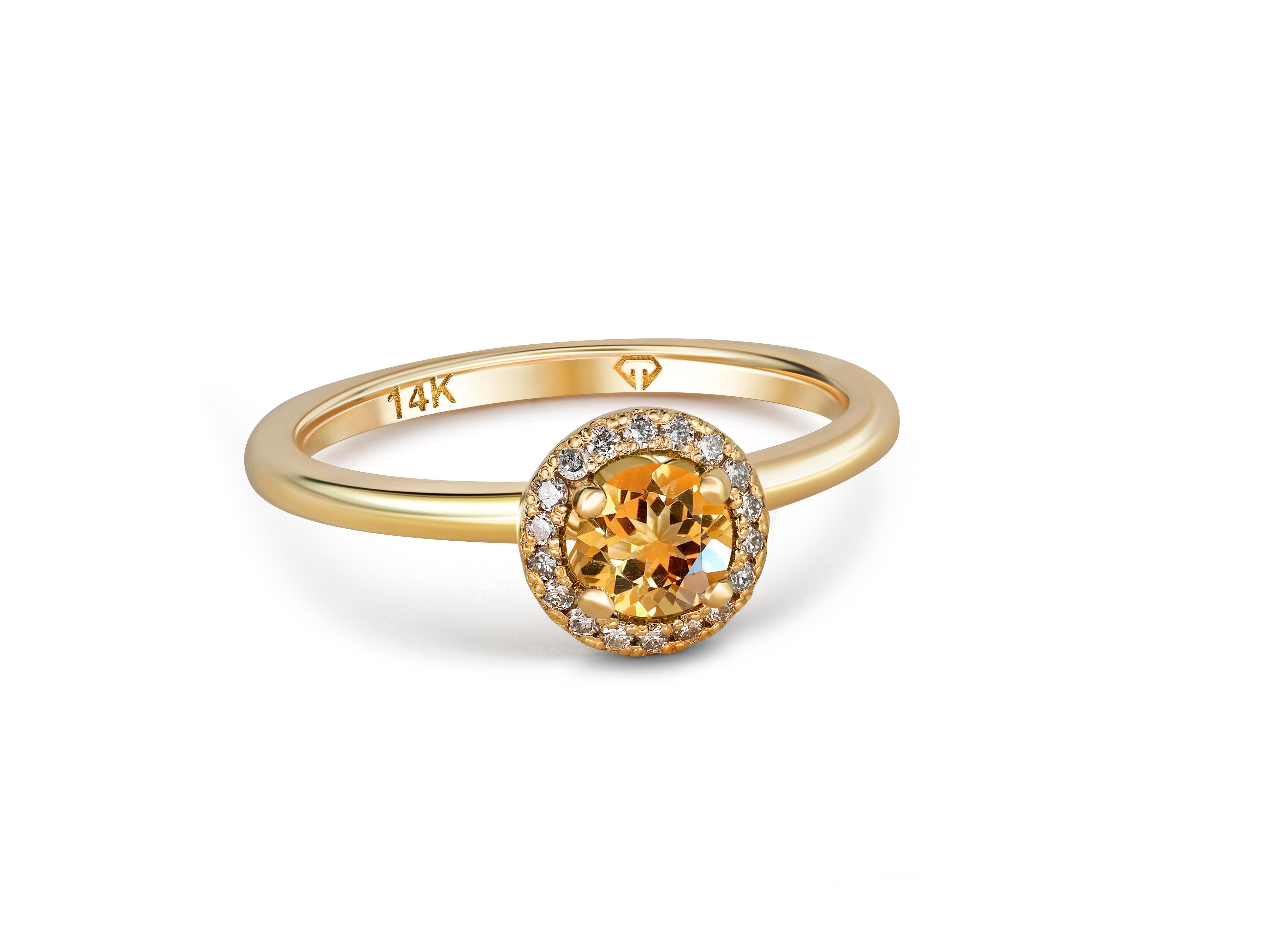 Halo Citrine Ring with Diamonds in 14 Karat Gold.  For Sale 1