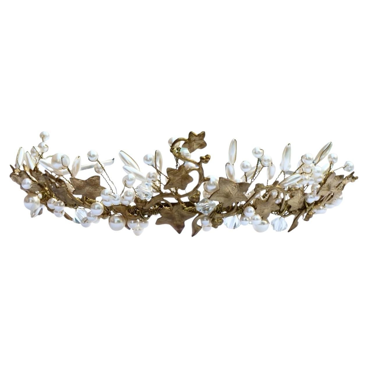 Halo & Co Gold Tone Wired Ivy Leaves Tiara with Faux Pearls and Crystals