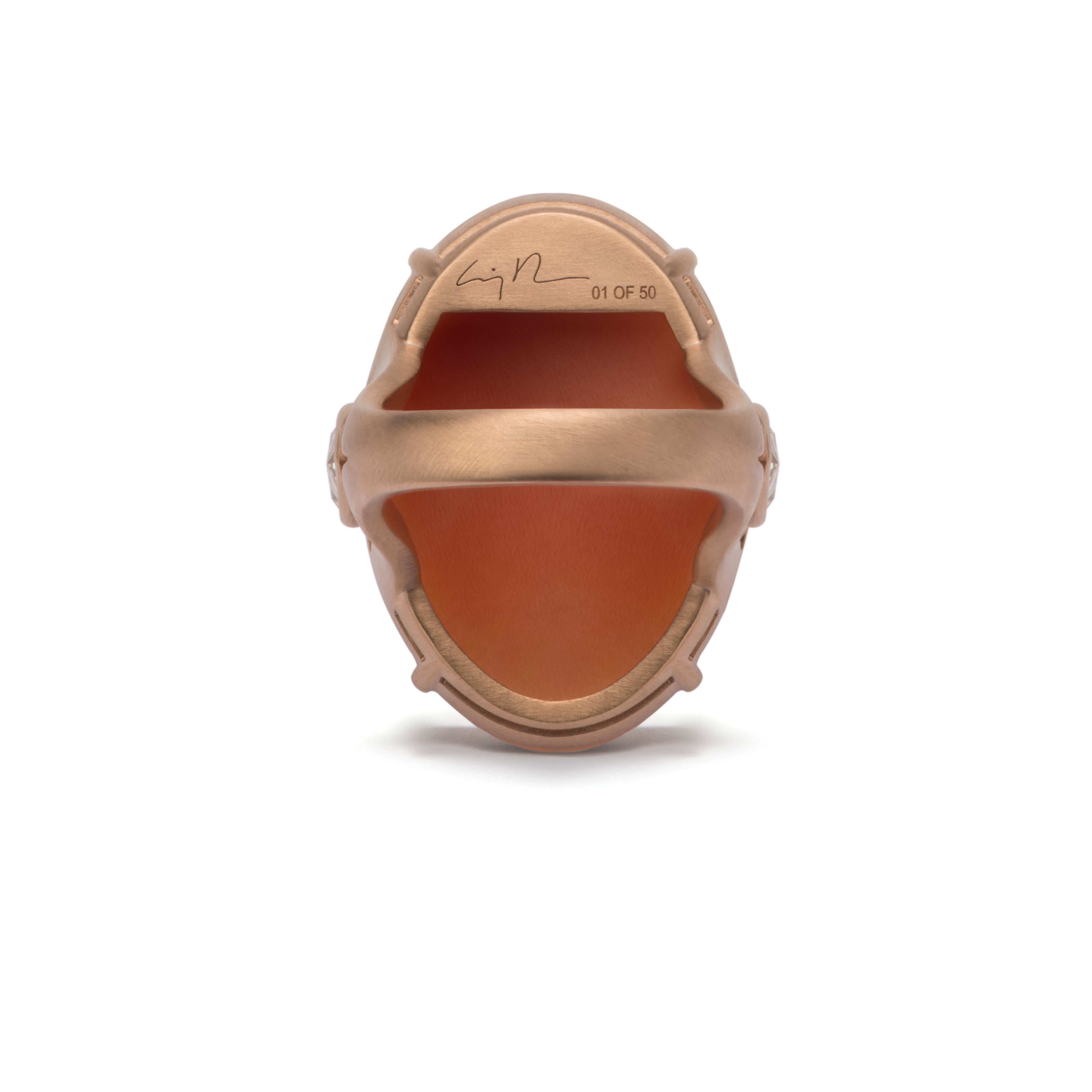 Italian Halo Cornelian Cameo Ring in 18k Pink Gold and Yellow Diamonds by Cindy Sherman For Sale
