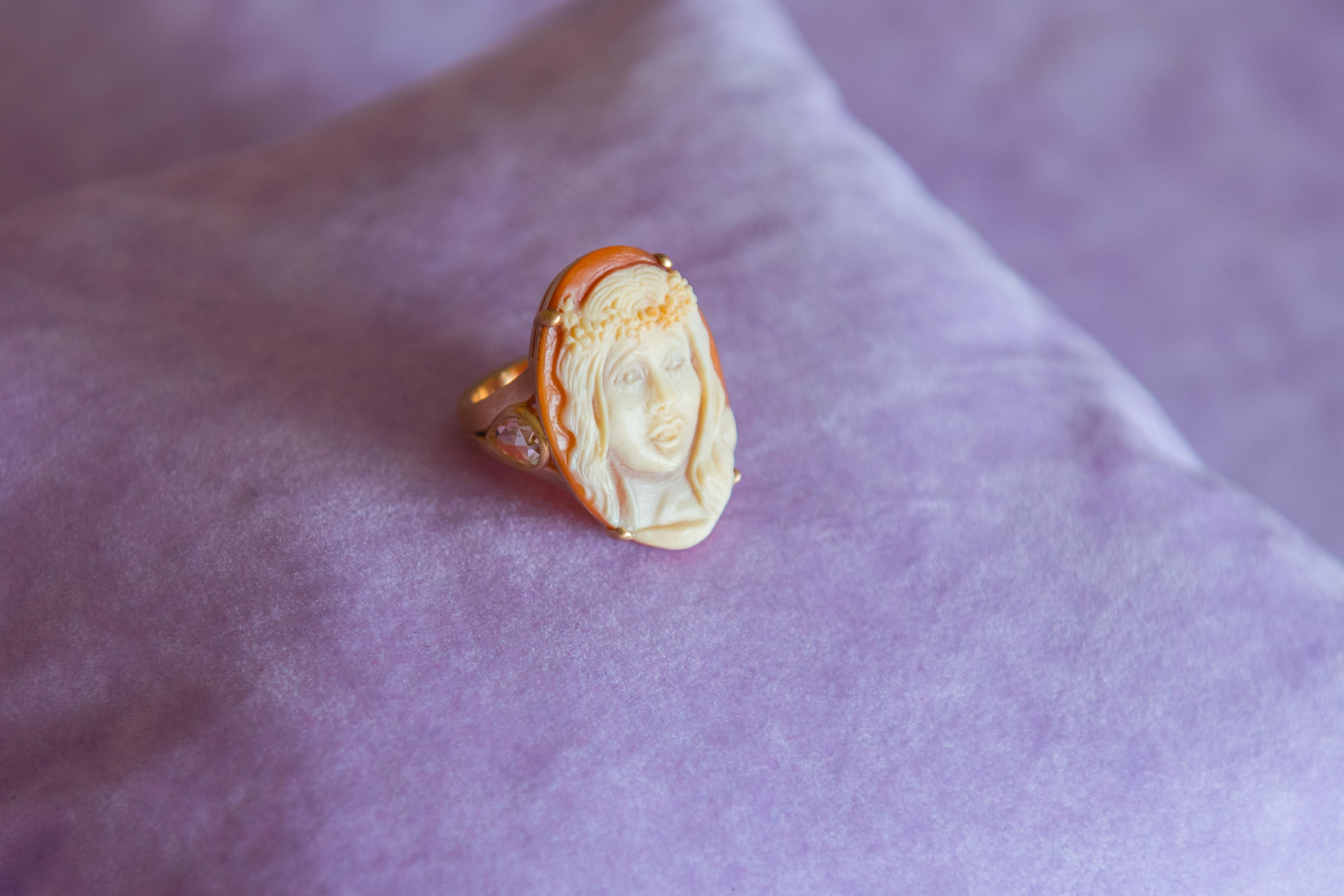 Hand-Carved Halo Cornelian Cameo Ring in 18k Pink Gold and Yellow Diamonds by Cindy Sherman For Sale