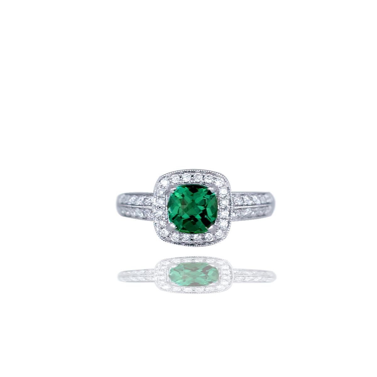 Contemporary Cushion Green Stone Solitaire and Diamond Halo Ring Pavé 14 Karat White Gold