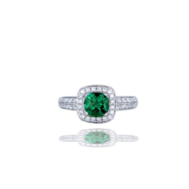 Cushion Green Stone Solitaire and Diamond Halo Ring Pavé 14 Karat White ...
