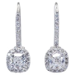Halo Dangle Earrings with a Pair of 1.07 Ct Cushion Natural Diamonds, GIA Cert