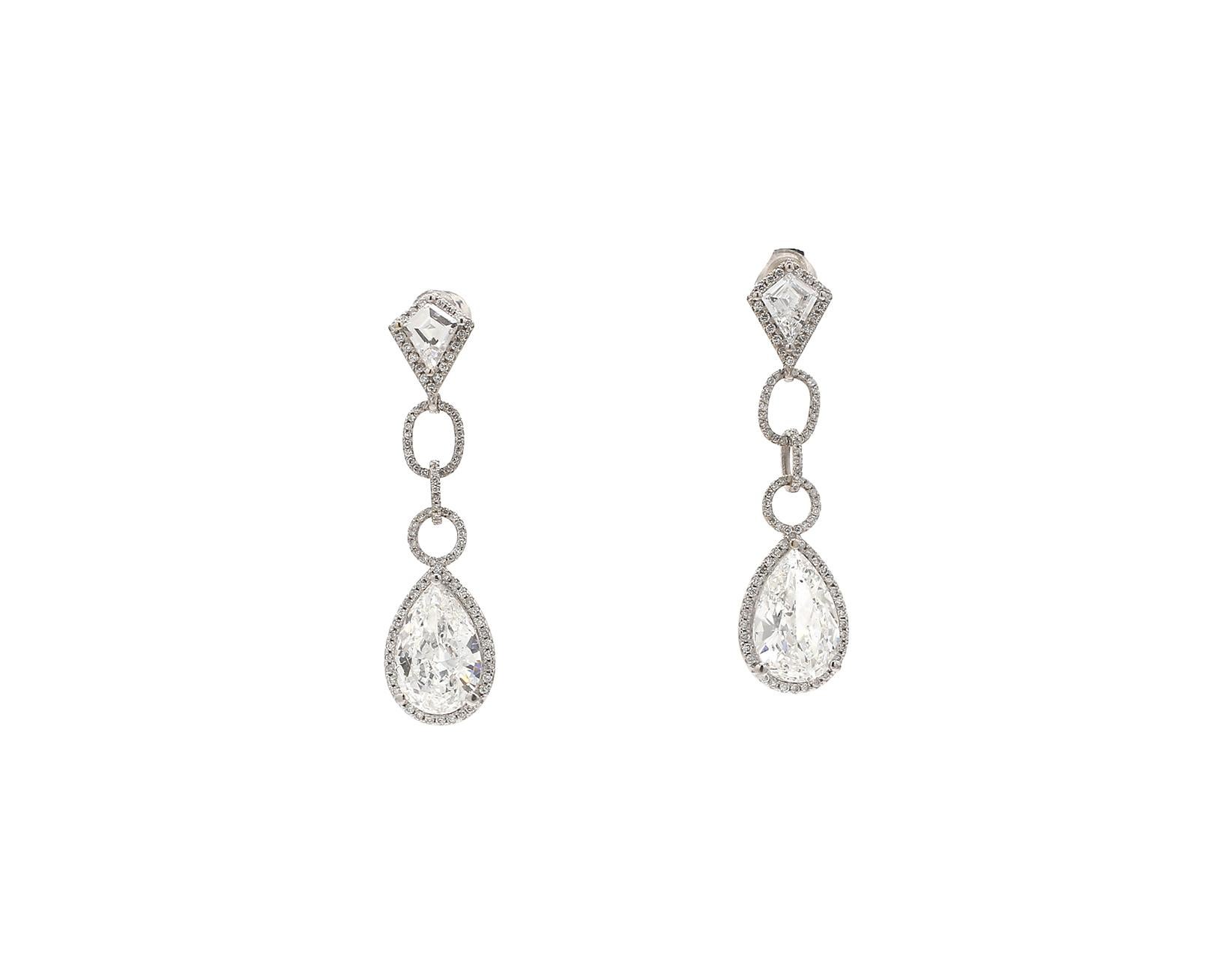 Halo Dangling Earrings in 18K White Gold with Pave Set Rounds Around Kite Shapes and GIA Certified E-F/SI1 Pear Shape Natural Diamond Centers.  D7.40ct.t.w.  (Pear Shape Centers - 6.19ct.t.w.) 
