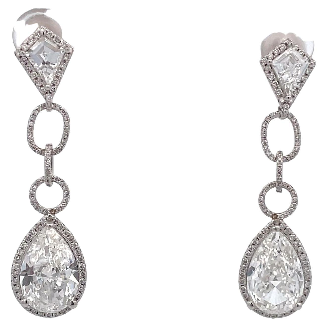 Halo Dangling Earrings w/ GIA E-F/SI1 Pear Shape Diamonds.  D7.40ct.t.w.