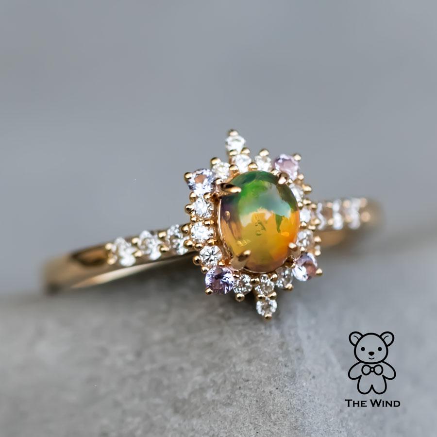 Brilliant Cut Halo Design Mexican Fire Opal Diamond Amethyst Engagement Ring 18K Yellow Gold For Sale