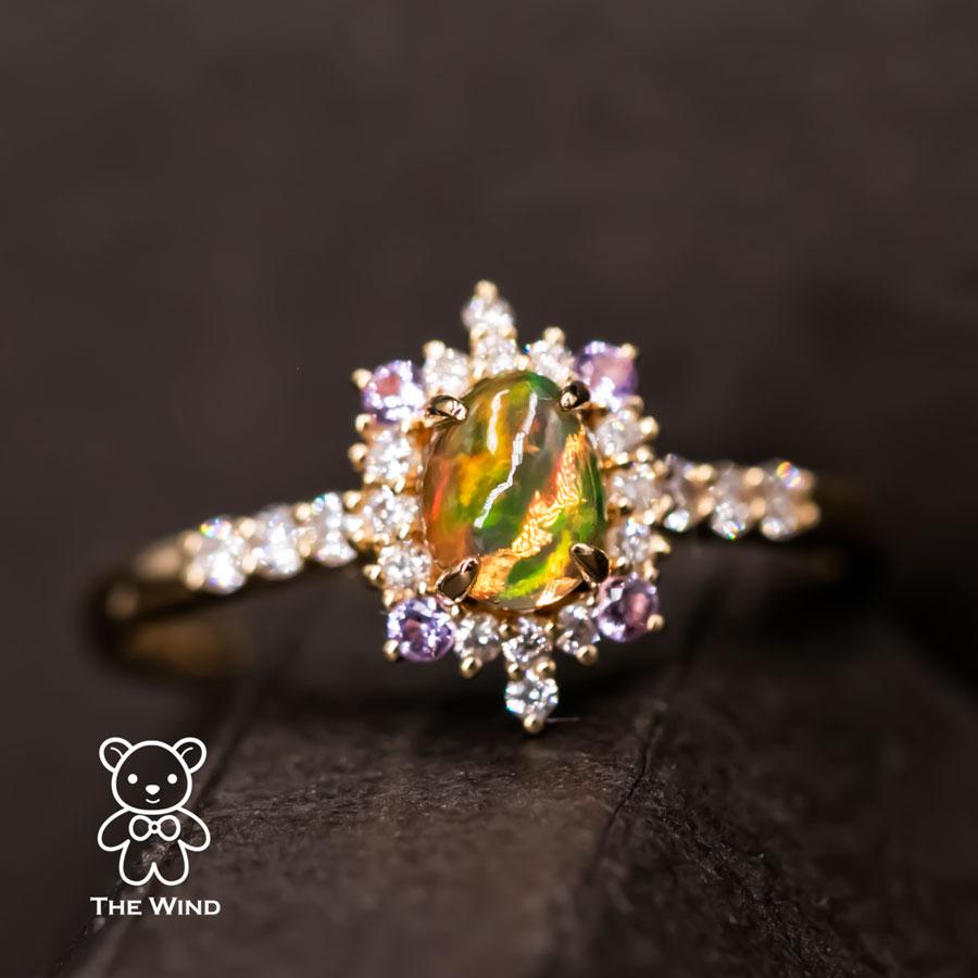 Halo Design Mexican Fire Opal Diamond Amethyst Engagement Ring 18K Yellow Gold In New Condition For Sale In Suwanee, GA