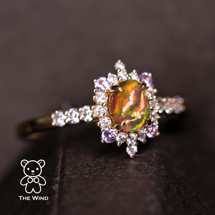 Women's Halo Design Mexican Fire Opal Diamond Amethyst Engagement Ring 18K Yellow Gold For Sale