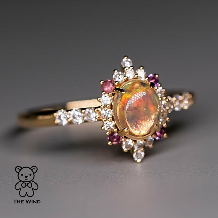 Halo Design Mexican Fire Opal Diamond Amethyst Engagement Ring 18K Yellow Gold For Sale 1