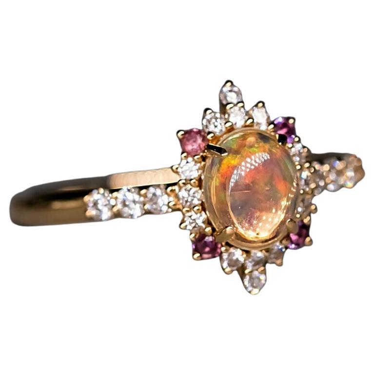 Halo Design Mexican Fire Opal Diamond Amethyst Engagement Ring 18K Yellow Gold For Sale