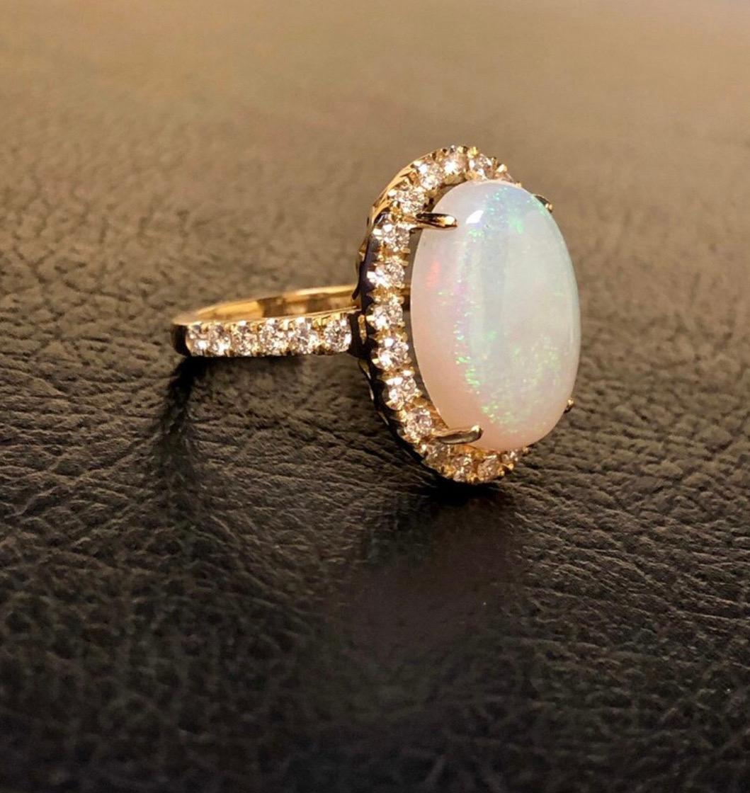 Oval Cut Halo Diamond 18K Yellow Gold 5.80 Carat Oval Australian Opal Engagement Ring  For Sale