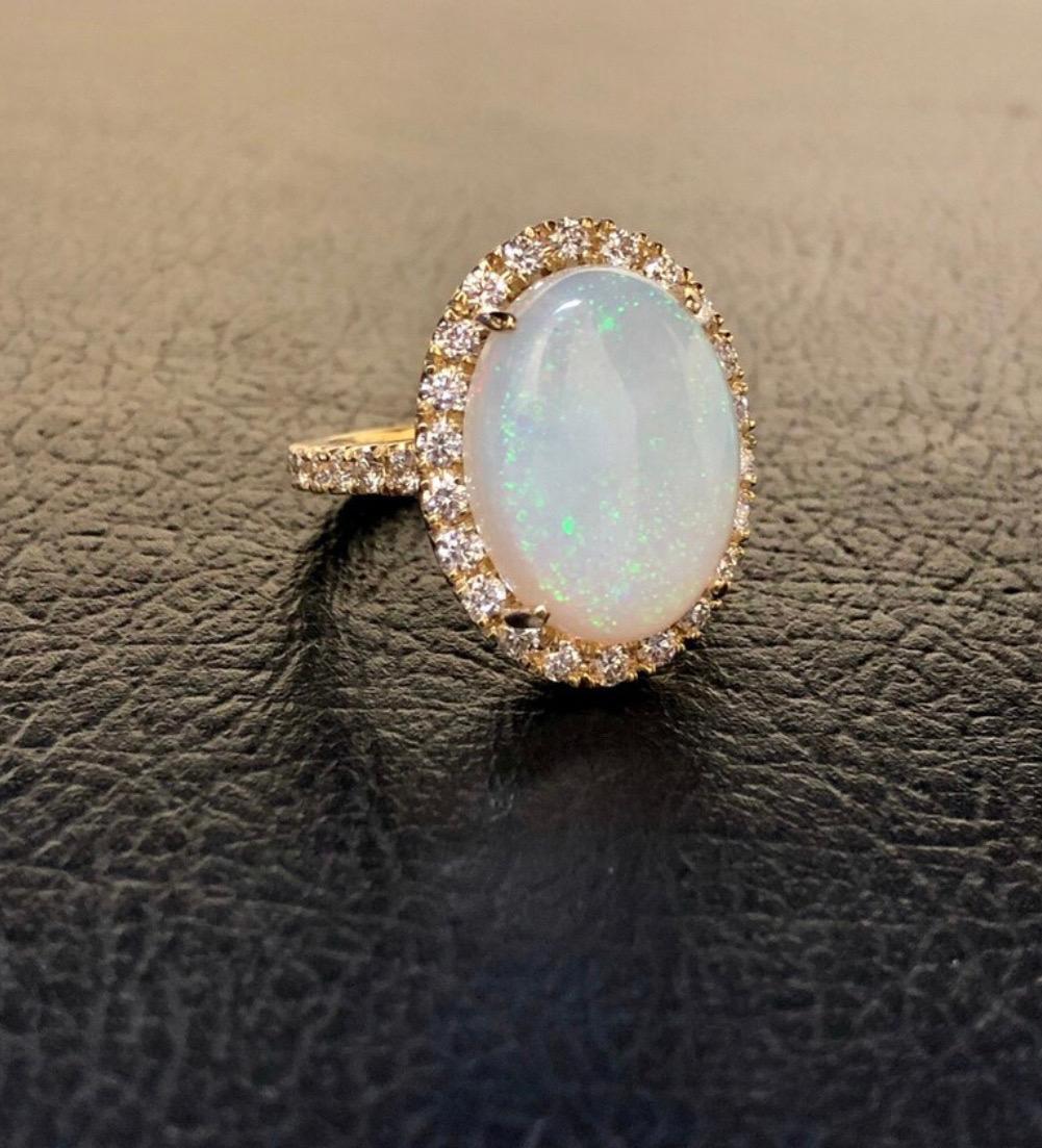 Halo Diamond 18K Yellow Gold 5.80 Carat Oval Australian Opal Engagement Ring  In New Condition For Sale In Los Angeles, CA