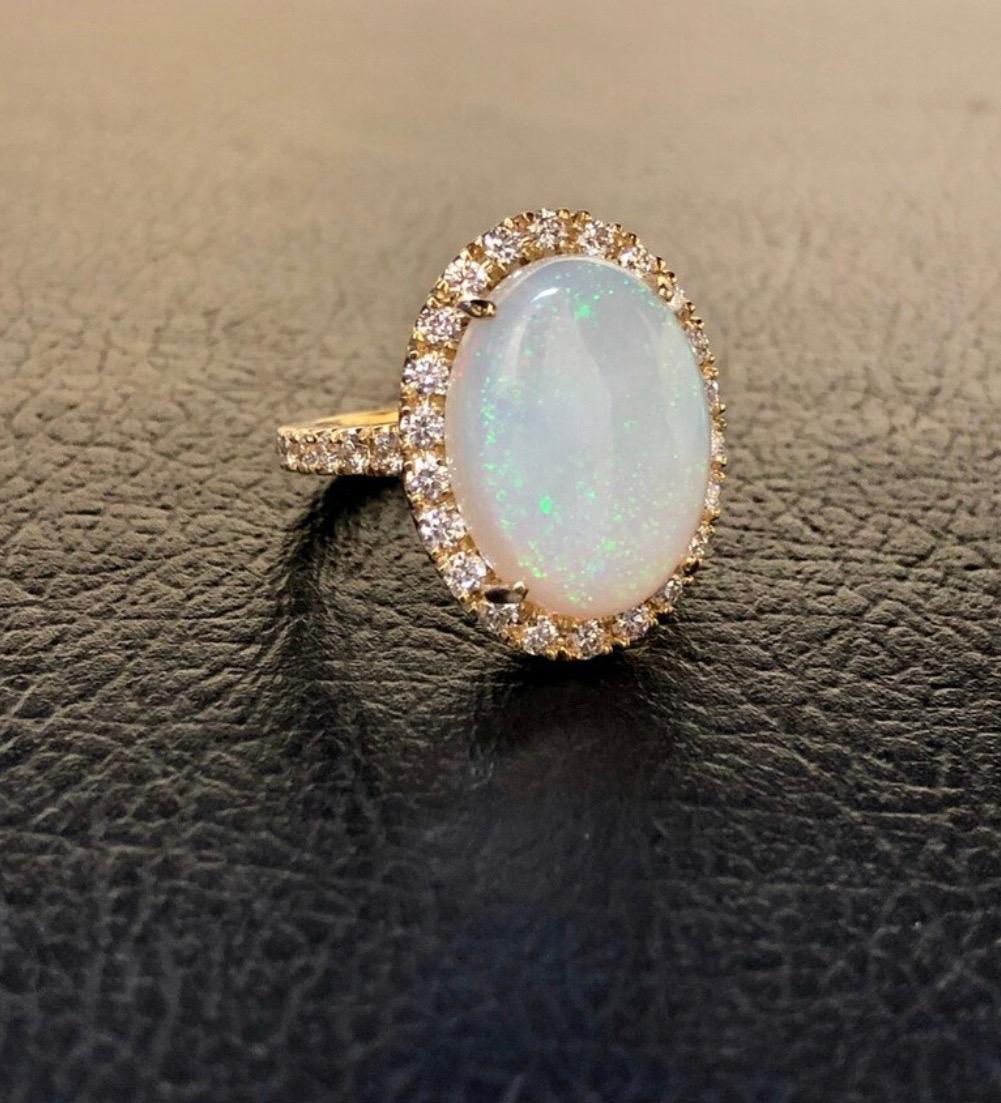 Halo Diamond 18K Yellow Gold 5.80 Carat Oval Australian Opal Engagement Ring In New Condition For Sale In Los Angeles, CA