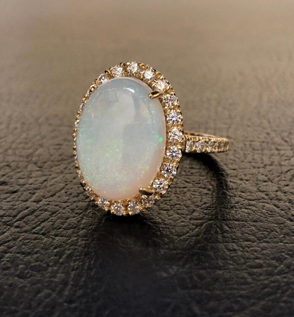 Women's Halo Diamond 18K Yellow Gold 5.80 Carat Oval Australian Opal Engagement Ring  For Sale