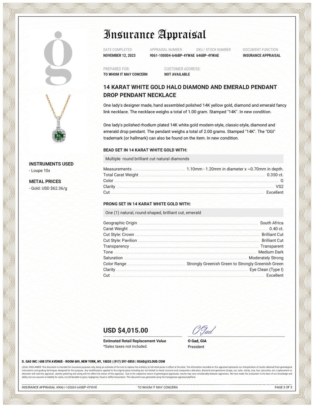 Contemporain Collier en or jaune 14K avec pendentif Halo diamant et émeraude 0.75 en vente