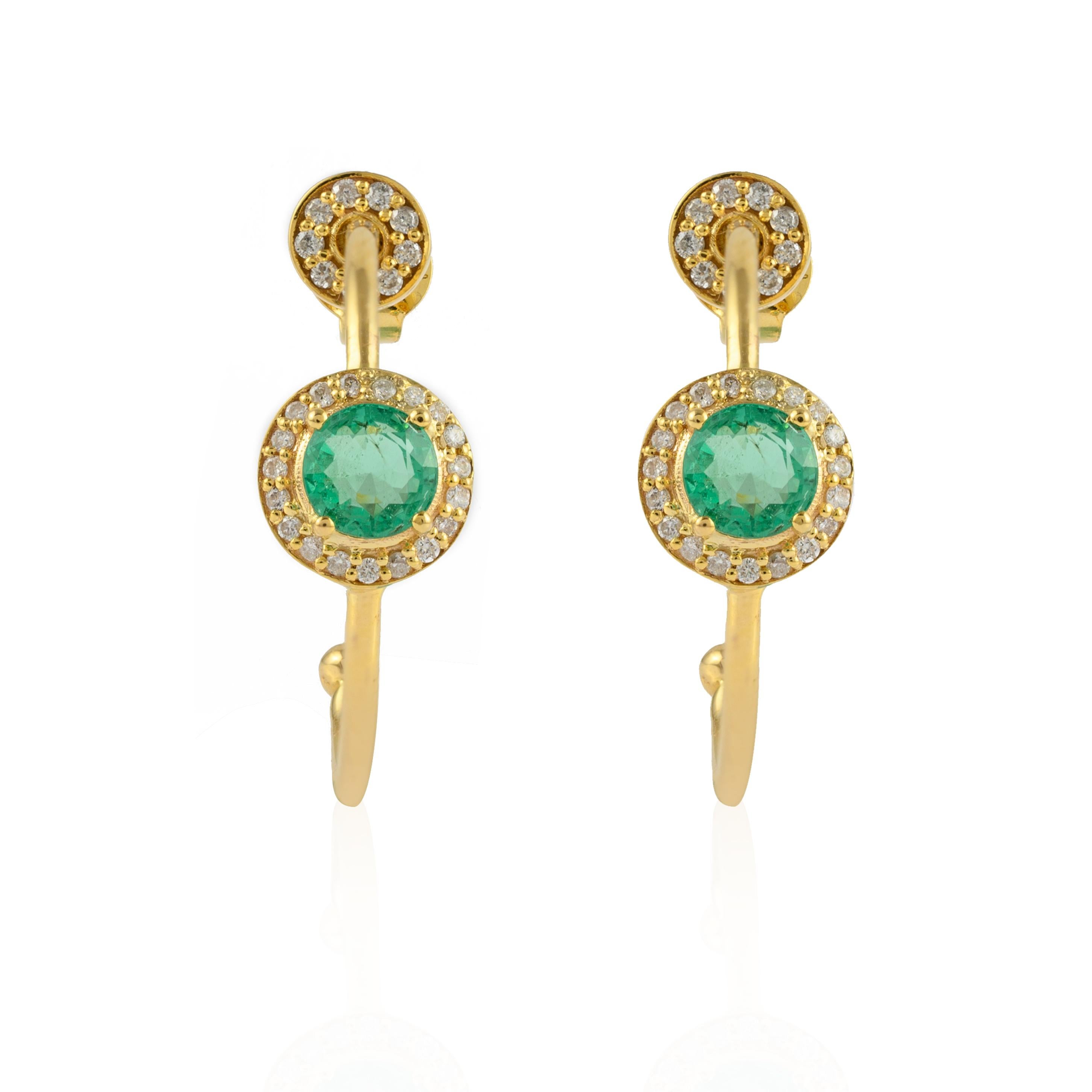 Modern Halo Diamond and Emerald C-Hoop Earrings Made in 14k Solid Yellow Gold For Sale