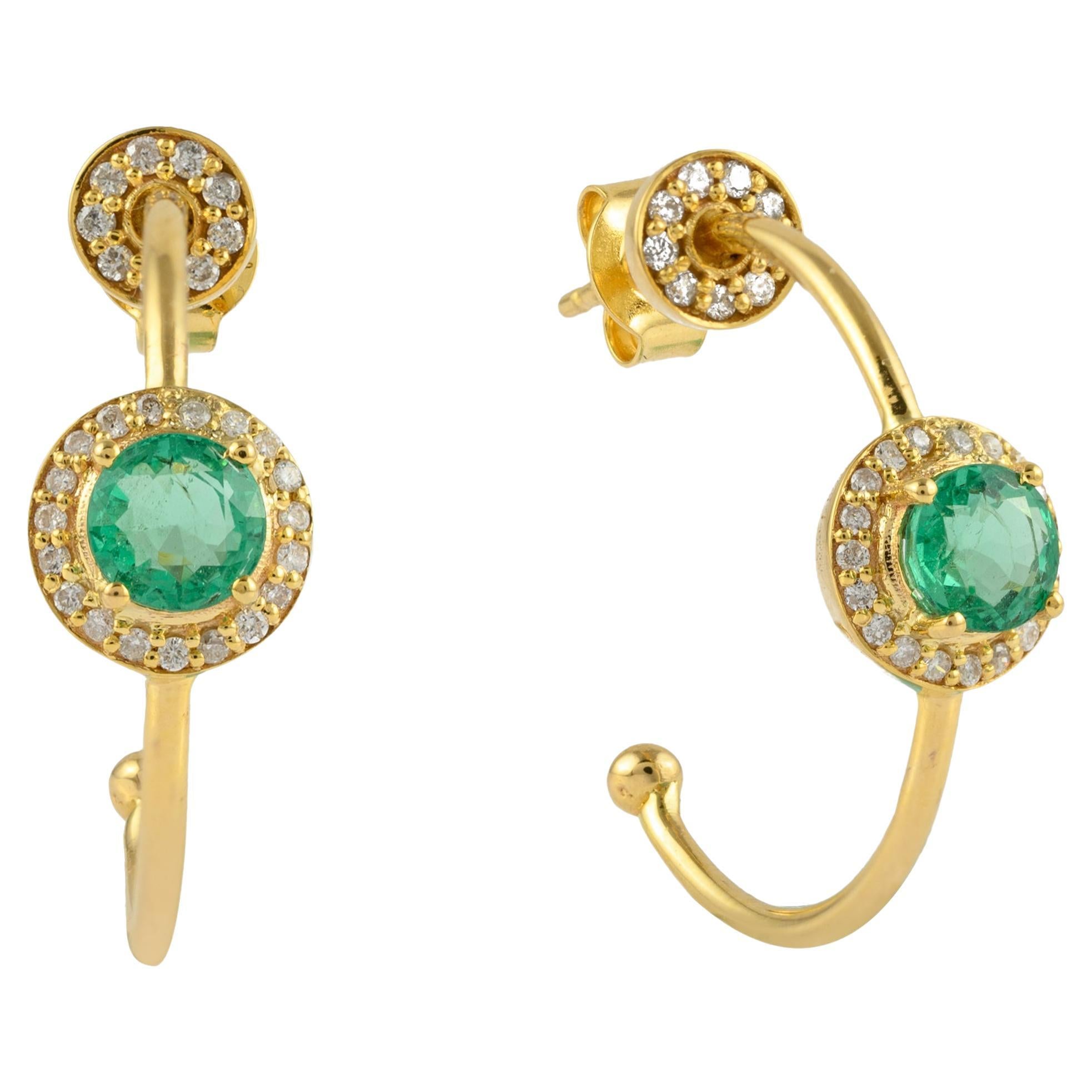 Halo Diamond and Emerald C-Hoop Earrings Made in 14k Solid Yellow Gold For Sale