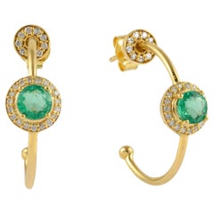 Halo Diamond and Emerald Hoops Earring Handcrafted in 14k Solid Yellow Gold