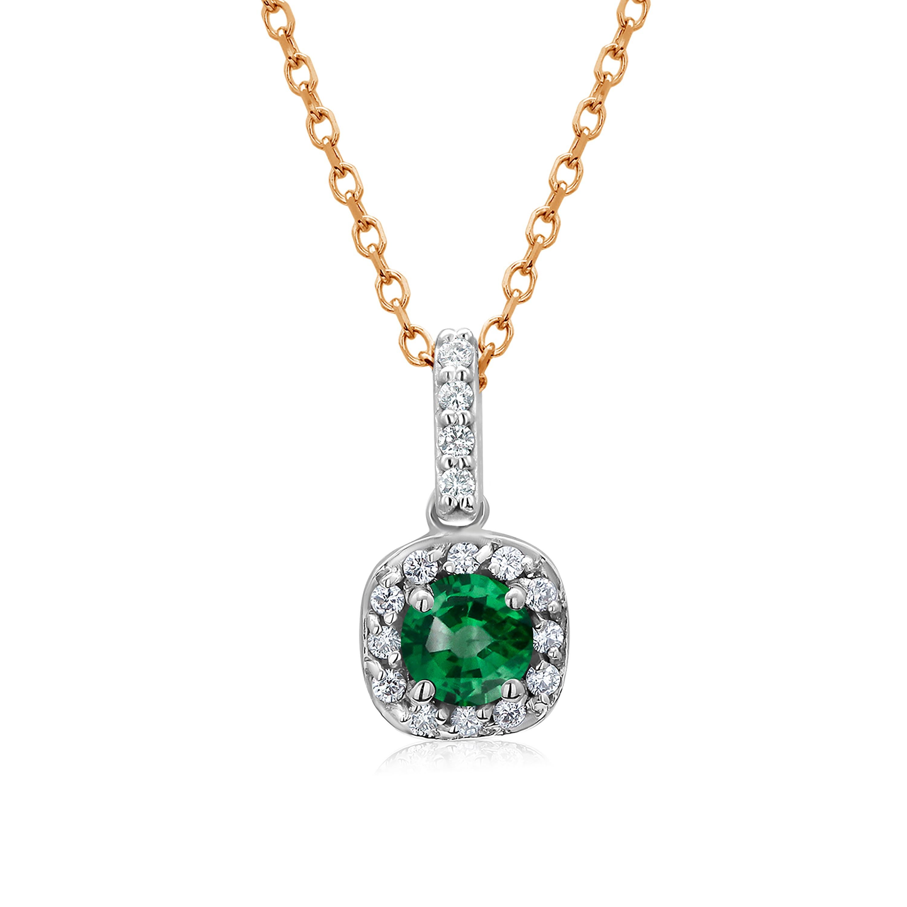 Round Cut Halo Diamond and Emerald Pendant Gold Drop Pendant Necklace