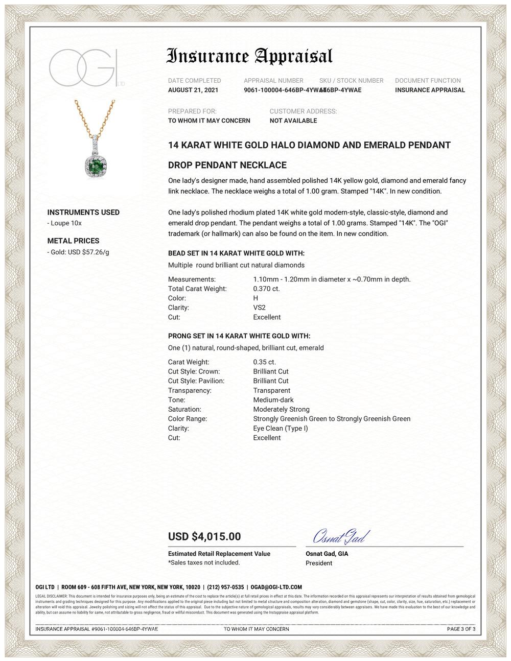 14 karats white gold pendant with halo diamond emerald pendant and 14 karat yellow gold necklace
Necklace measuring 17 inches long
Round Emerald-cut emerald weighing 0.35 carats, measuring 4.5 millimeter 
Diamonds framing the emerald weighing 0.28